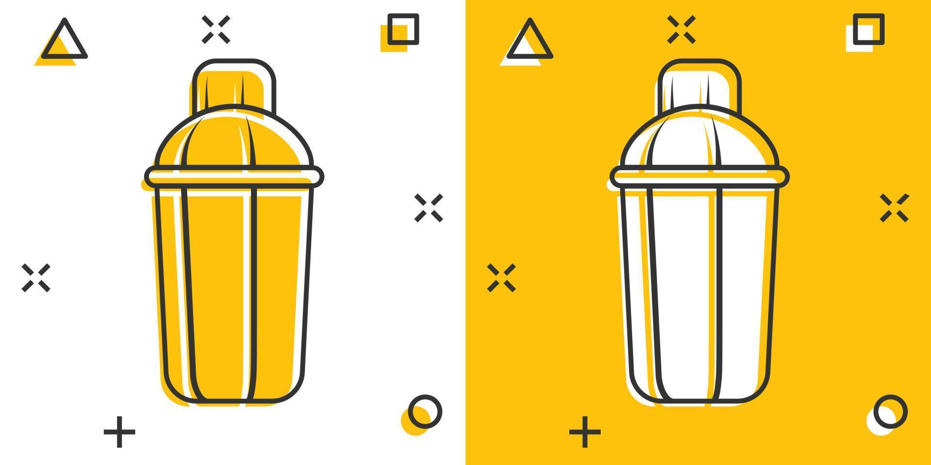 icono de agitador en estilo cómico. ilustración de dibujos animados de vector de botella deportiva sobre fondo blanco aislado. efecto de salpicadura de concepto de negocio de contenedor de fitness.