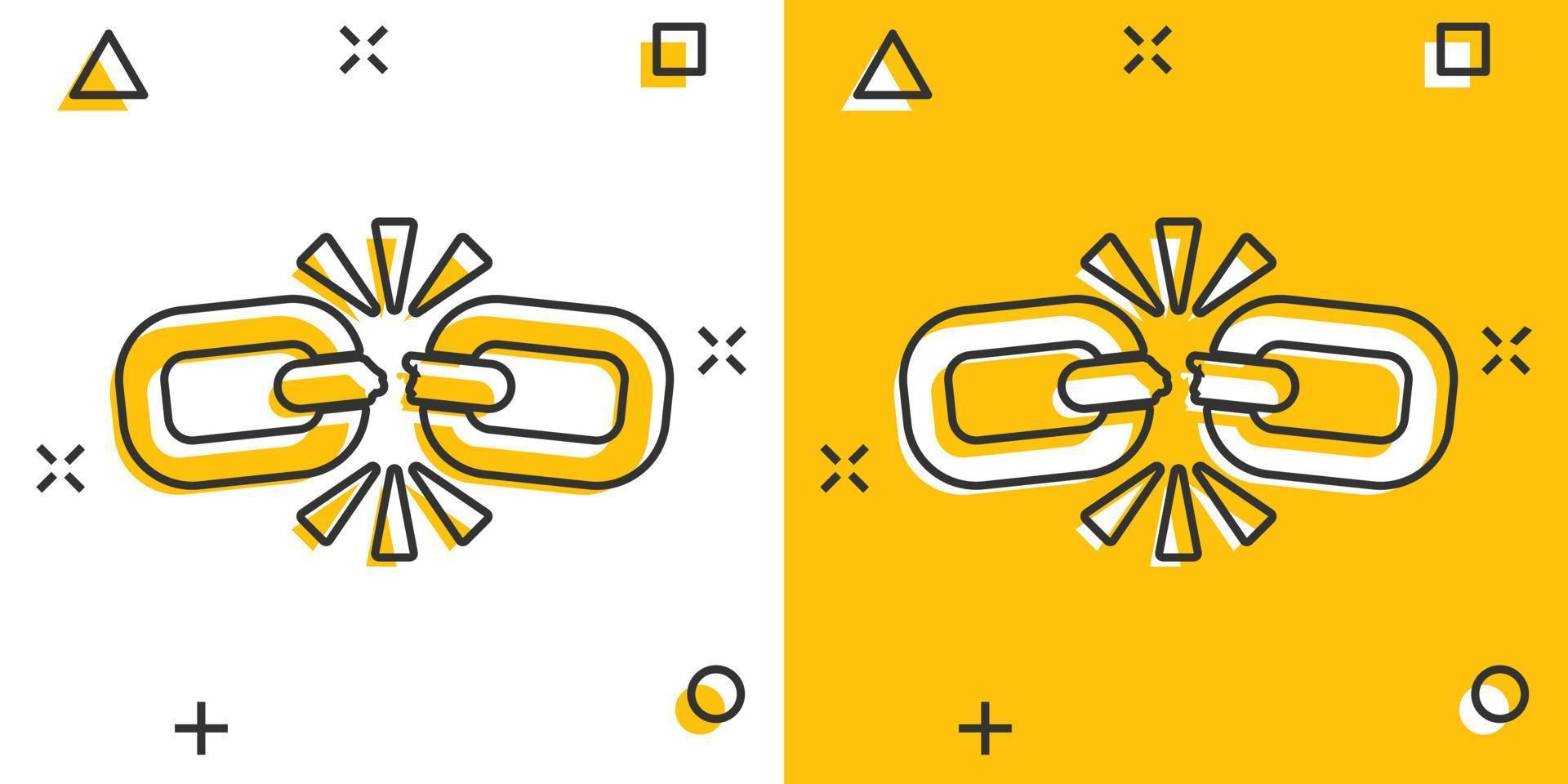 Broken chain sign icon in comic style. Disconnect link vector cartoon illustration on white isolated background. Detach business concept splash effect.