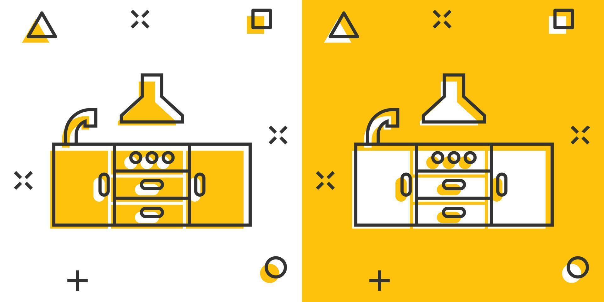 icono de muebles de cocina en estilo cómico. ilustración de vector de dibujos animados de cocina sobre fondo blanco aislado. concepto de negocio de efecto de salpicadura de sala de cocina.