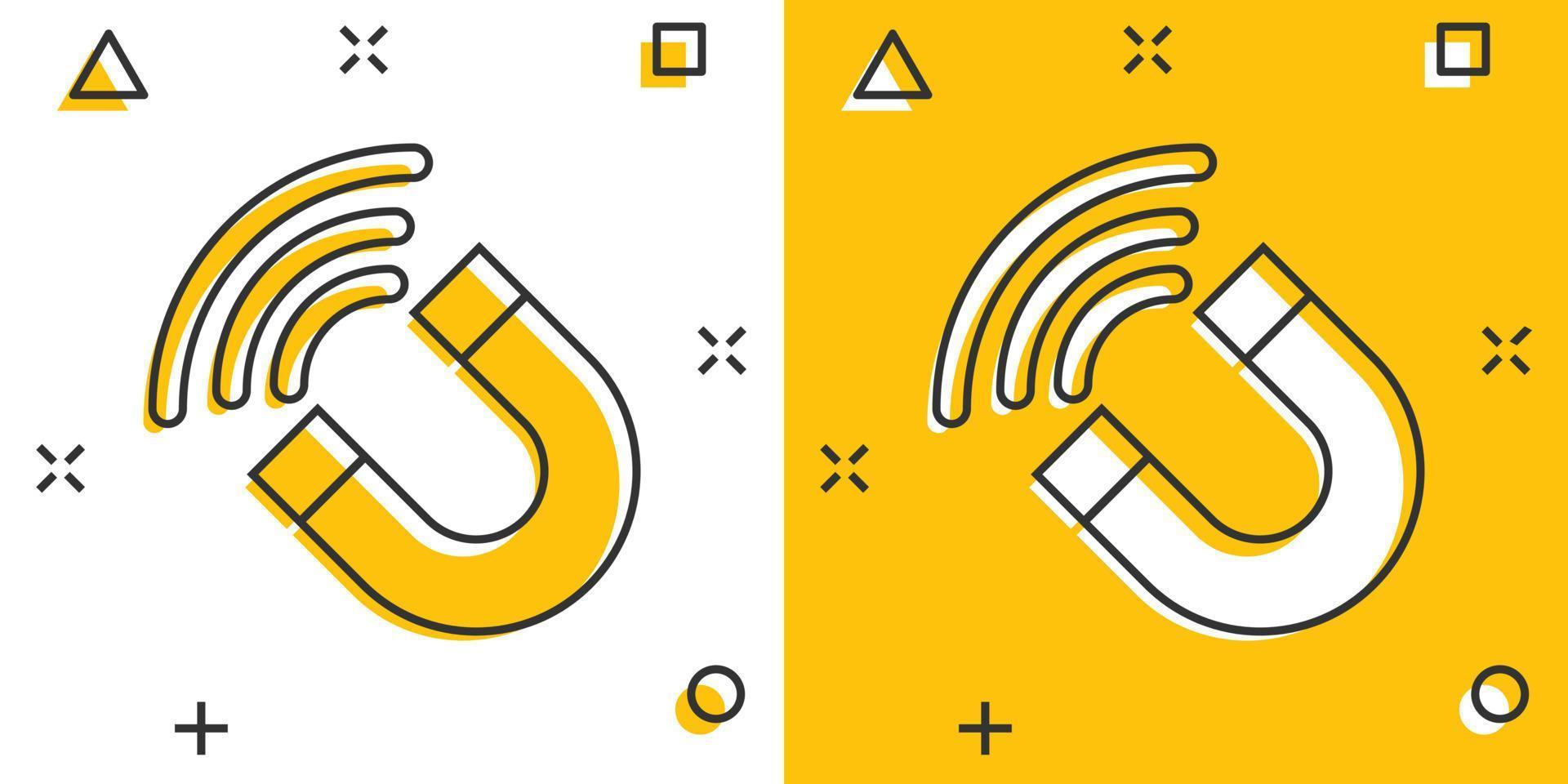 Magnet icon in comic style. Attract cartoon vector illustration on white isolated background. Electromagnetic splash effect business concept.