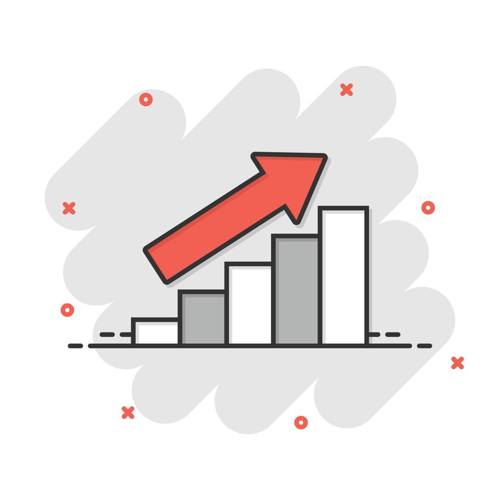 Chart graph icon in comic style. Arrow grow cartoon vector illustration on white isolated background. Analysis splash effect business concept.