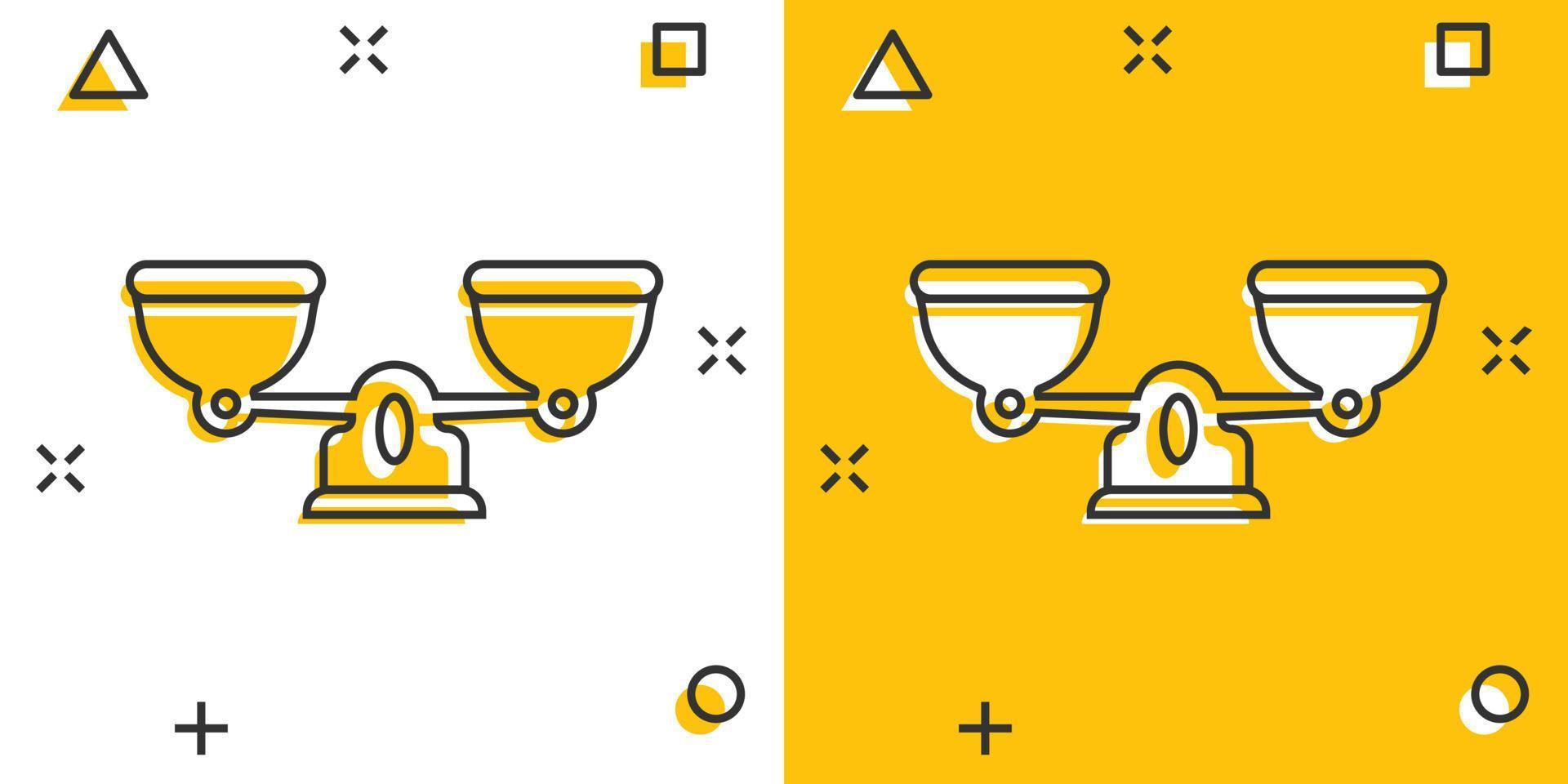 Scale balance icon in comic style. Justice cartoon vector illustration on white isolated background. Judgment splash effect business concept.
