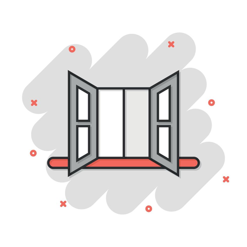 icono de ventana en estilo cómico. ilustración vectorial de dibujos animados abatibles sobre fondo aislado. concepto de negocio de signo de efecto de salpicadura interior de casa. vector