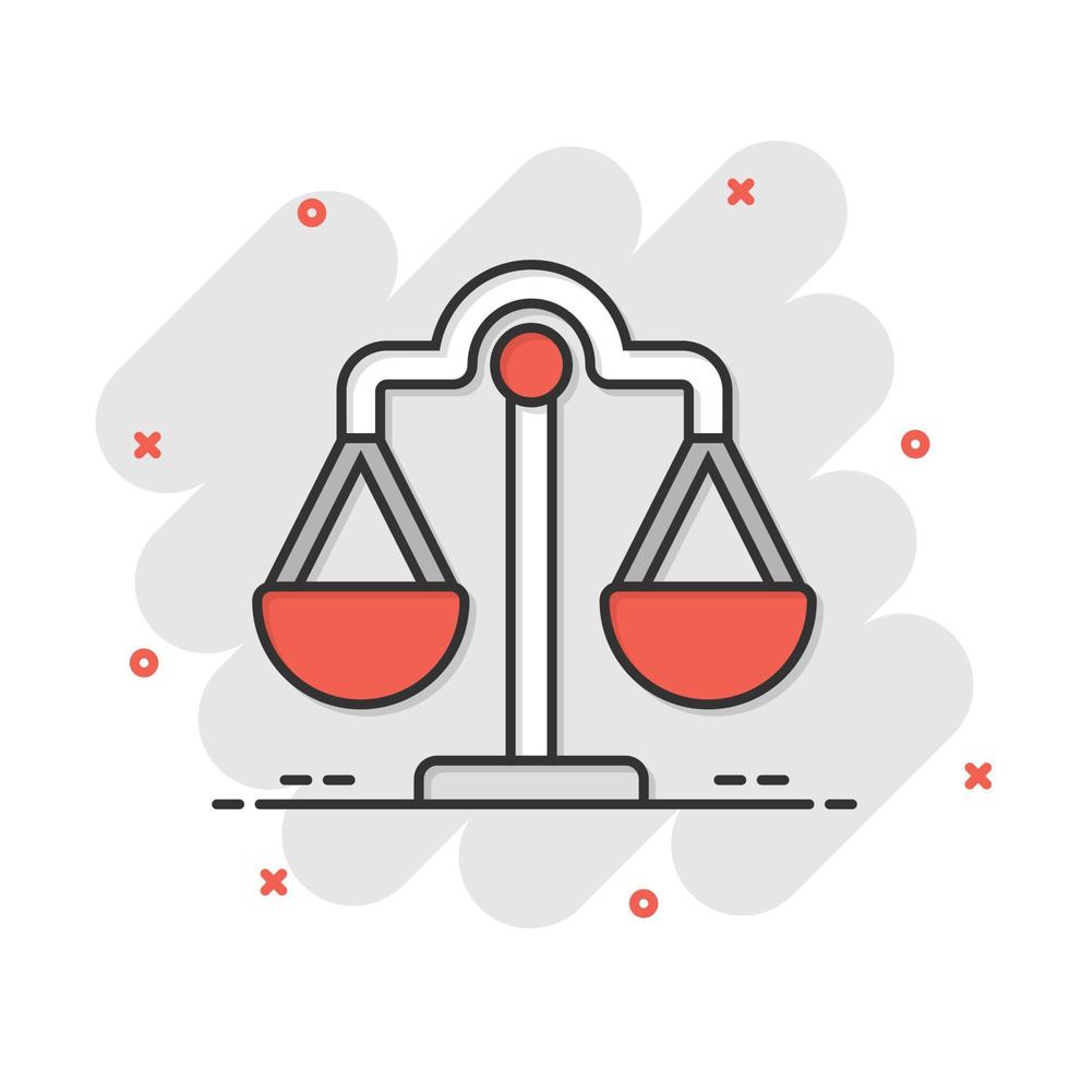 Scale balance icon in comic style. Justice cartoon vector illustration on white isolated background. Judgment splash effect business concept.