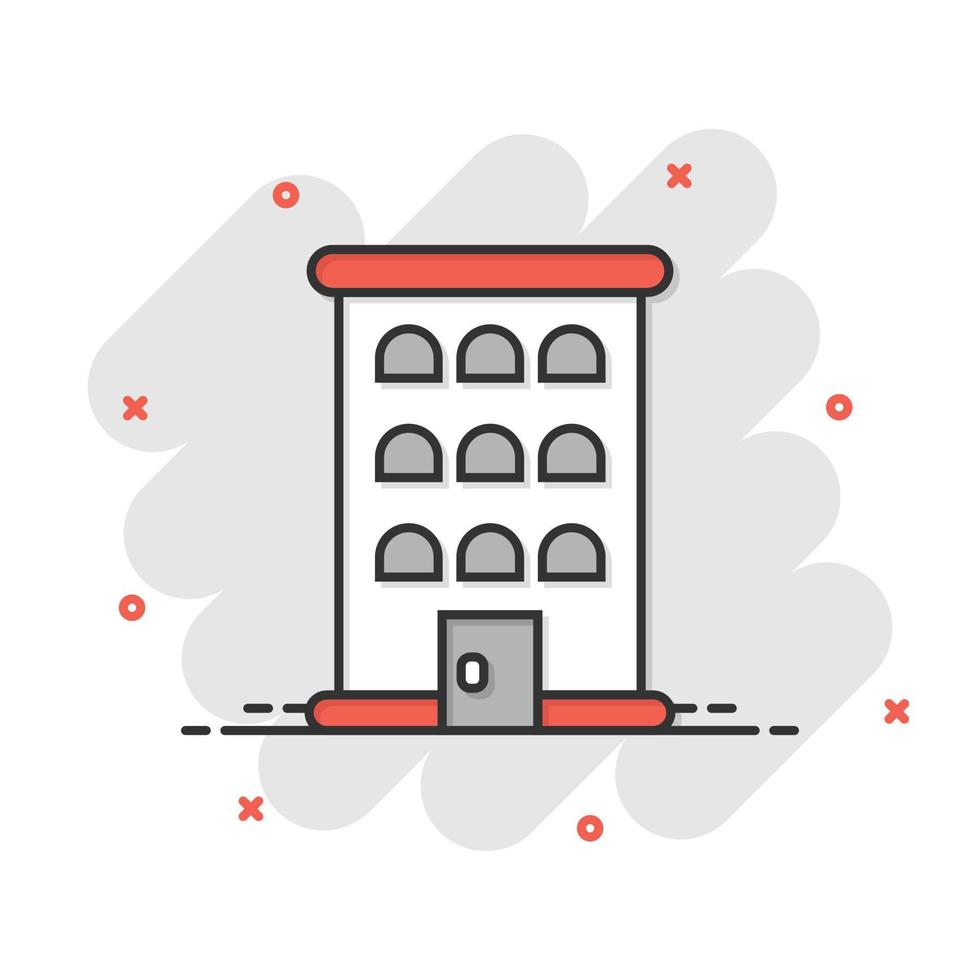 icono de construcción en estilo cómico. ciudad rascacielos apartamento dibujos animados vector ilustración sobre fondo blanco aislado. concepto de negocio de efecto de salpicadura de torre de la ciudad.