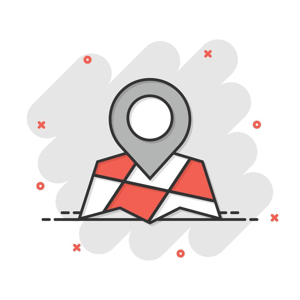 Map with magnifier icon in comic style. Gps navigation cartoon vector illustration on white isolated background. Locate position splash effect business concept.
