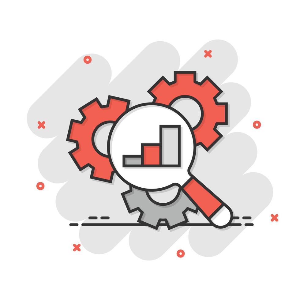 Loupe with gear icon in comic style. Magnifying glass cartoon vector illustration on white isolated background. Seo exploration splash effect business concept.
