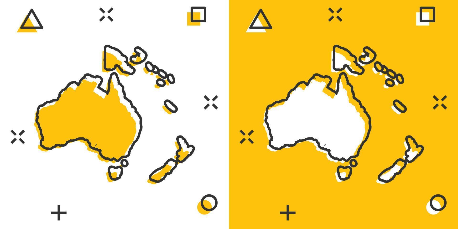 icono de mapa de australia y oceanía de color de dibujos animados en estilo cómico. pictograma de ilustración de signo de australia y oceanía. concepto de negocio de salpicaduras de geografía del país. vector