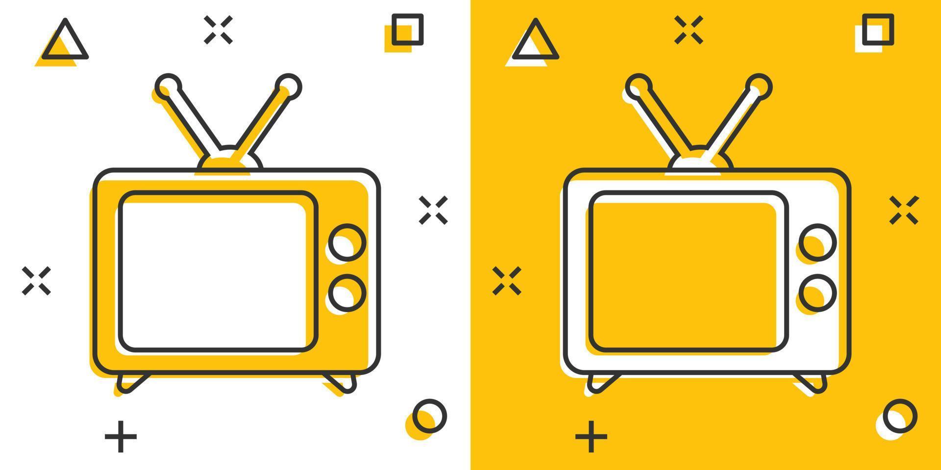 icono de tv de dibujos animados vectoriales en estilo cómico. pictograma de ilustración de señal de televisión. concepto de efecto de salpicadura de negocio de televisión. vector