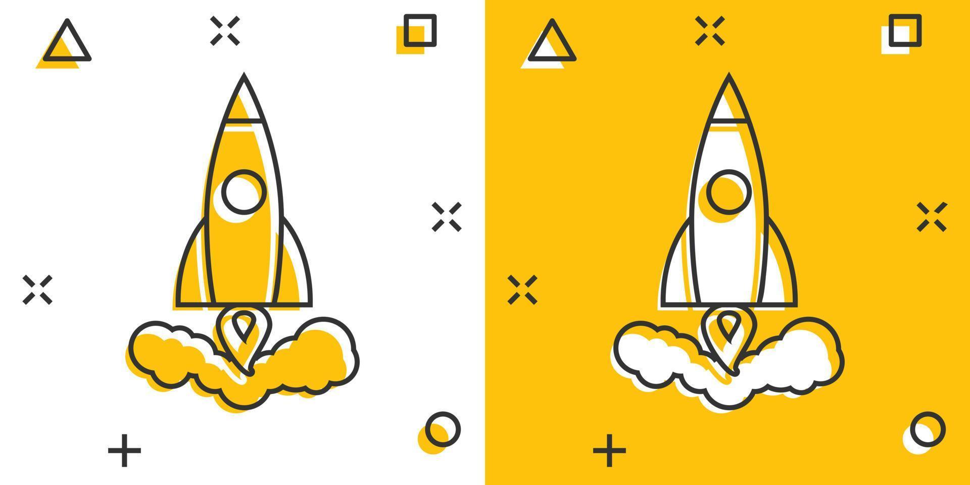 Vector cartoon rocket icon in comic style. Startup launch sign illustration pictogram. Rocket business splash effect concept.