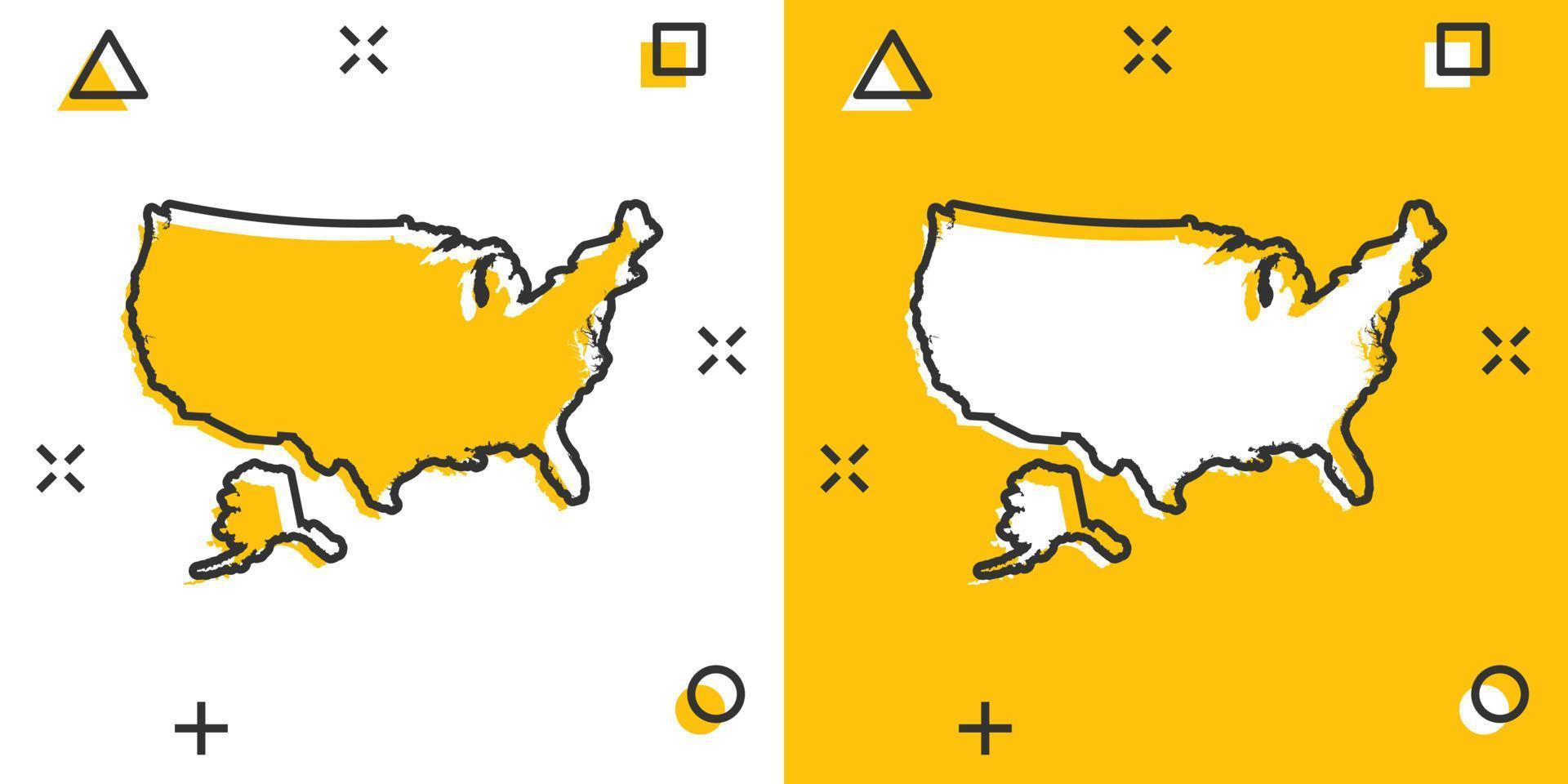 icono de mapa de América de color de dibujos animados en estilo cómico. pictograma de ilustración de signo de estados unidos. concepto de negocio de salpicaduras de geografía del país. vector