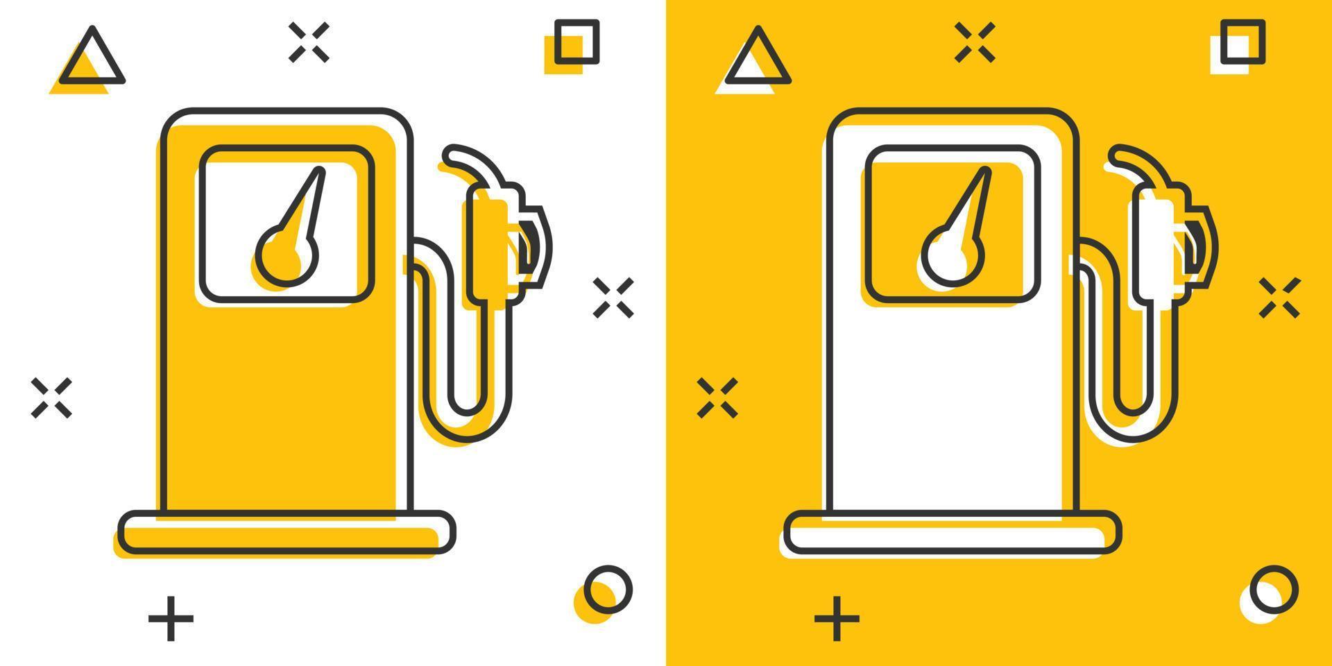 Vector cartoon fuel gas station icon in comic style. Car petrol pump sign illustration pictogram. Fuel business splash effect concept.