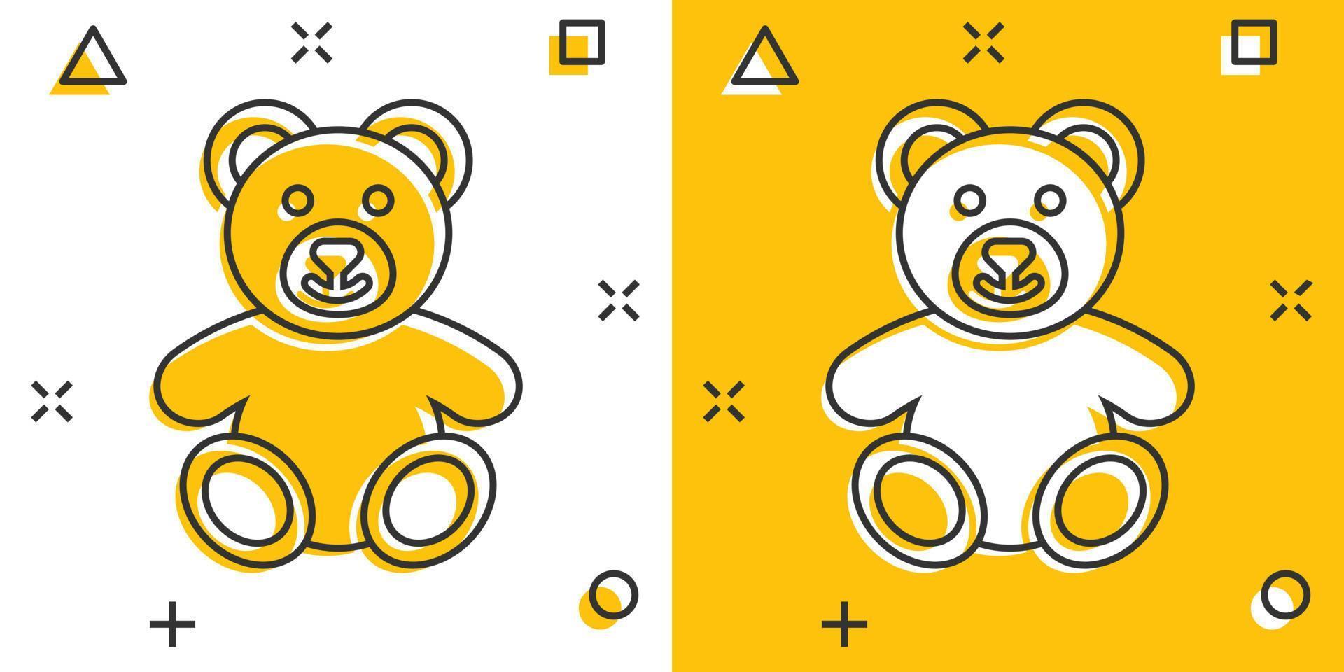 Vector cartoon teddy bear plush toy icon in comic style. Teddy toy sign illustration pictogram. Bear business splash effect concept.