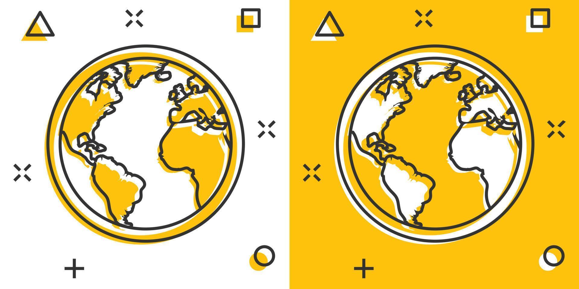 icono de mapa mundial de dibujos animados vectoriales en estilo cómico. pictograma de ilustración de tierra redonda. concepto de efecto de salpicadura de negocio planetario. vector