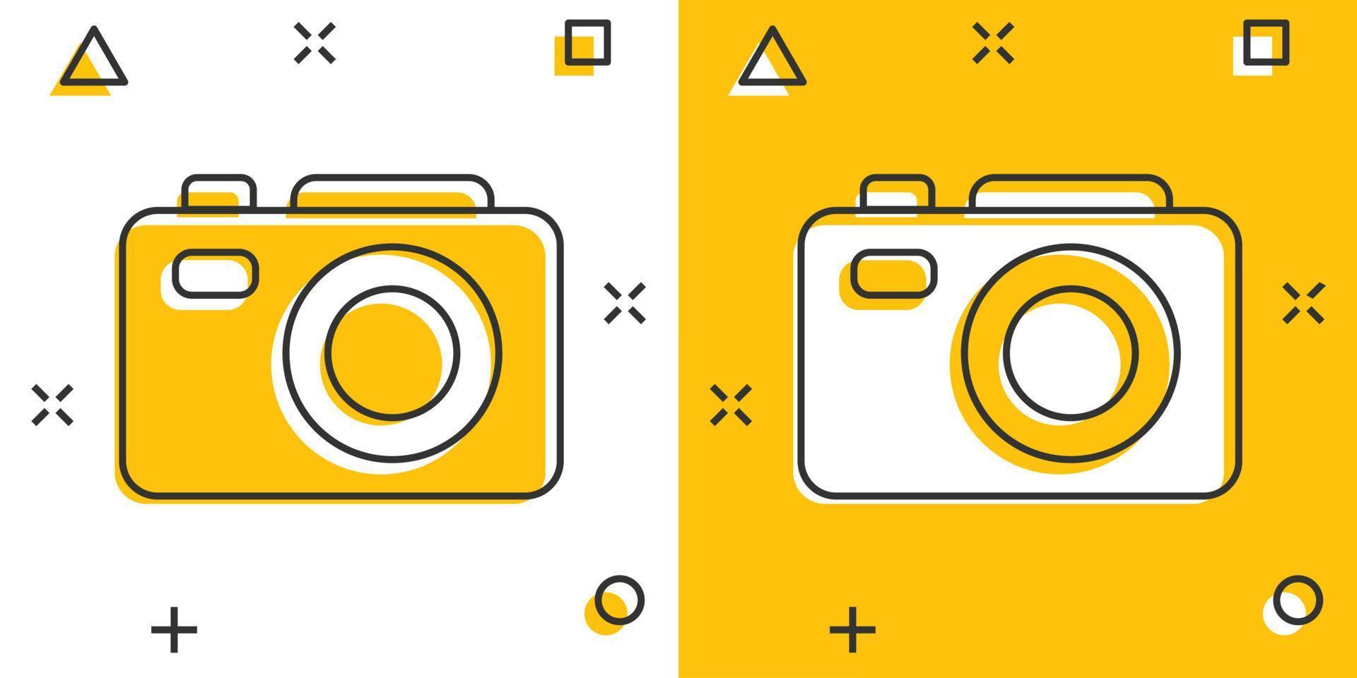 Camera device sign icon in comic style. Photography vector cartoon illustration on white isolated background. Cam equipment business concept splash effect.