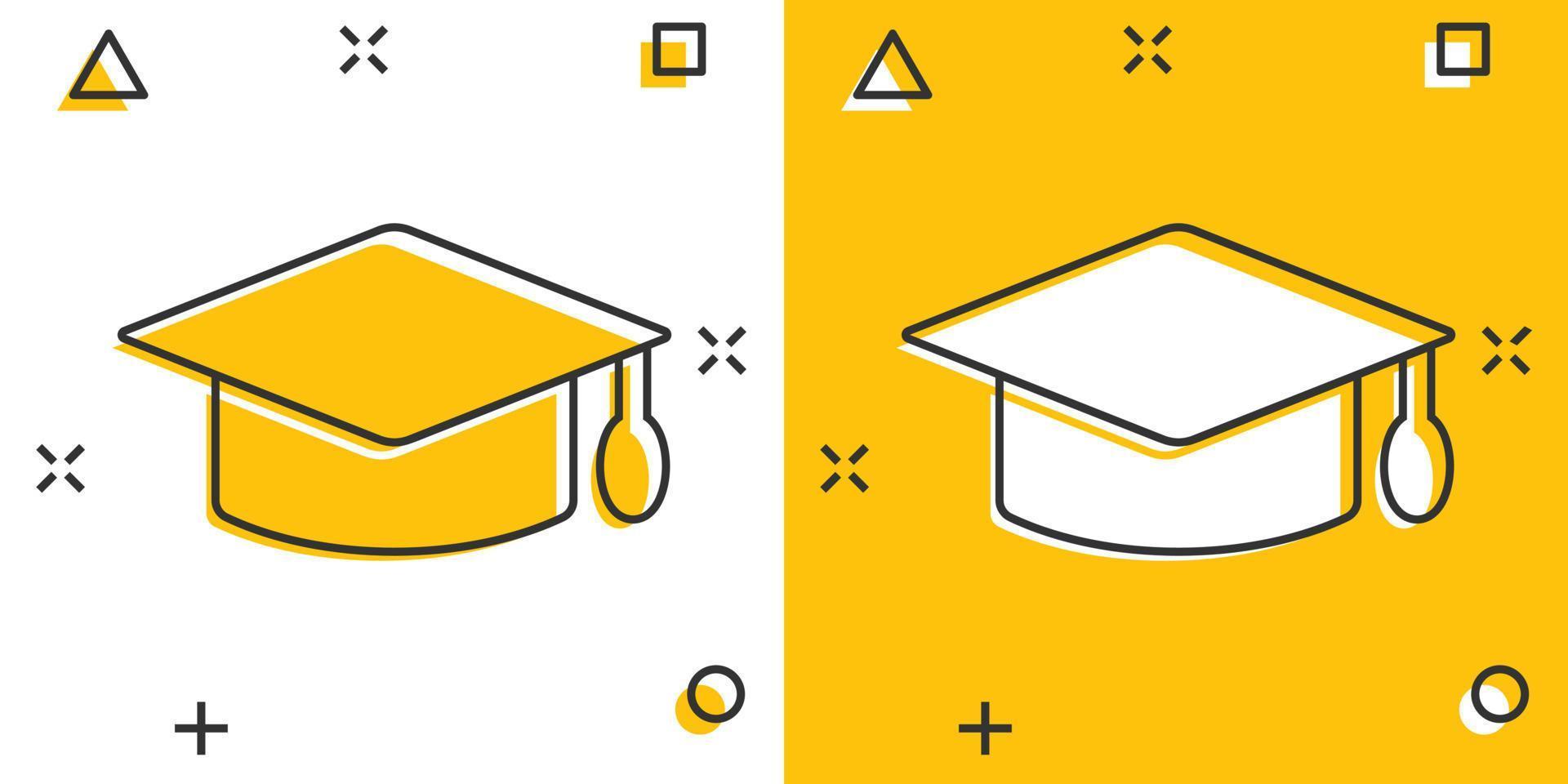 Graduation hat icon in comic style. Student cap cartoon vector illustration on white isolated background. University splash effect business concept.