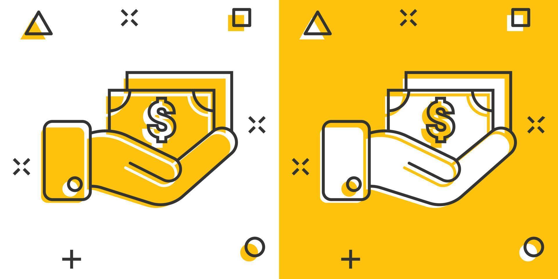Remuneration icon in comic style. Money in hand cartoon vector illustration on white isolated background. Banknote payroll splash effect business concept.