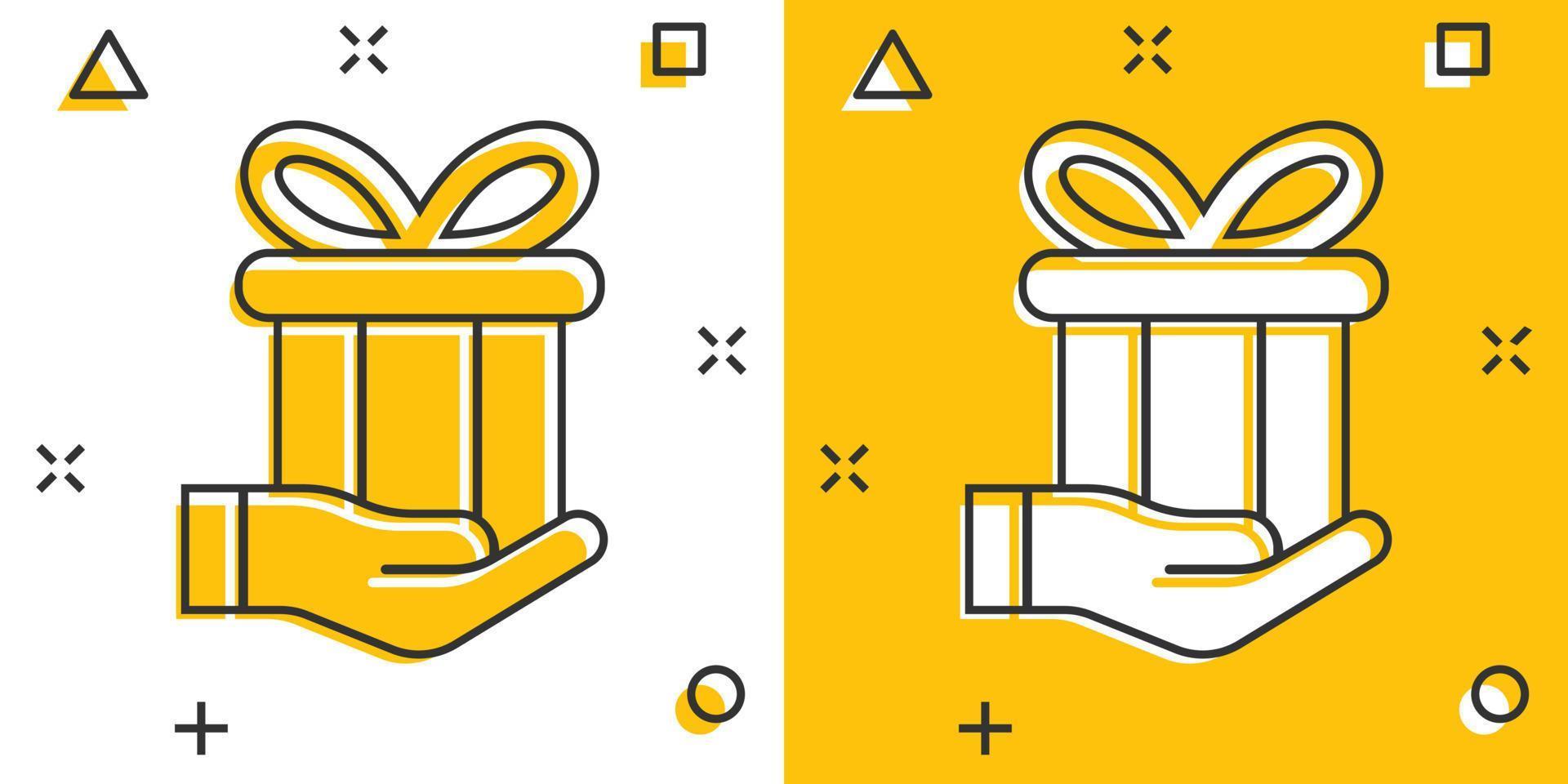 Gift box icon in comic style. Present on hand cartoon vector illustration on white isolated background. Surprise splash effect business concept.