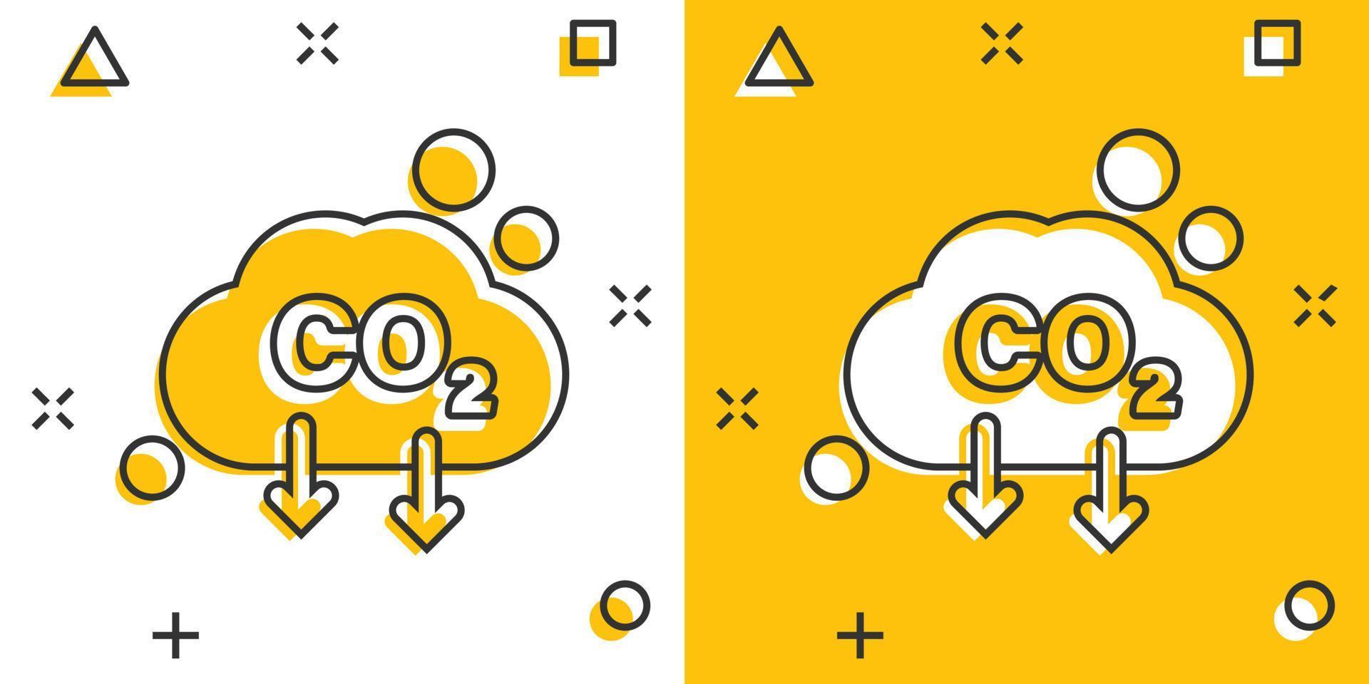 icono de co2 en estilo cómico. ilustración de vector de dibujos animados de emisión sobre fondo blanco aislado. concepto de negocio de efecto de salpicadura de reducción de gas.