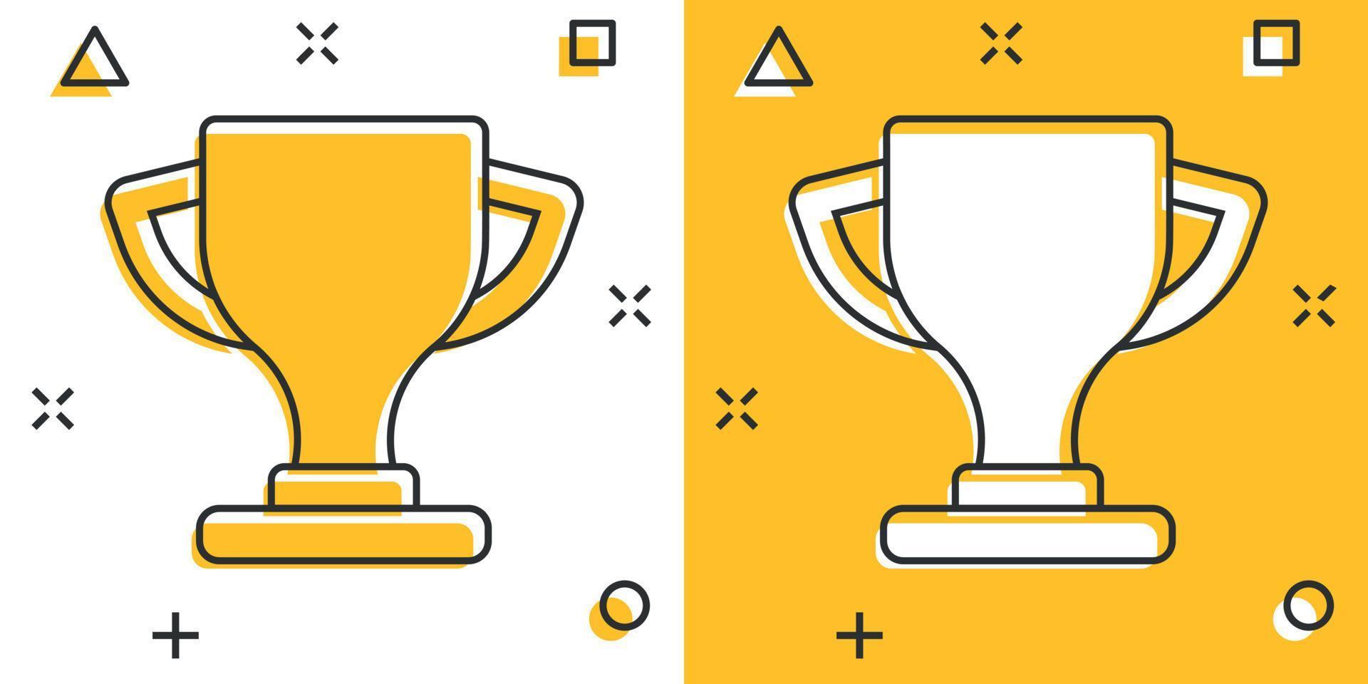 icono de copa de trofeo en estilo cómico. cáliz premio ilustración vectorial de dibujos animados sobre fondo aislado. concepto de negocio de signo de efecto de salpicadura de premio. vector