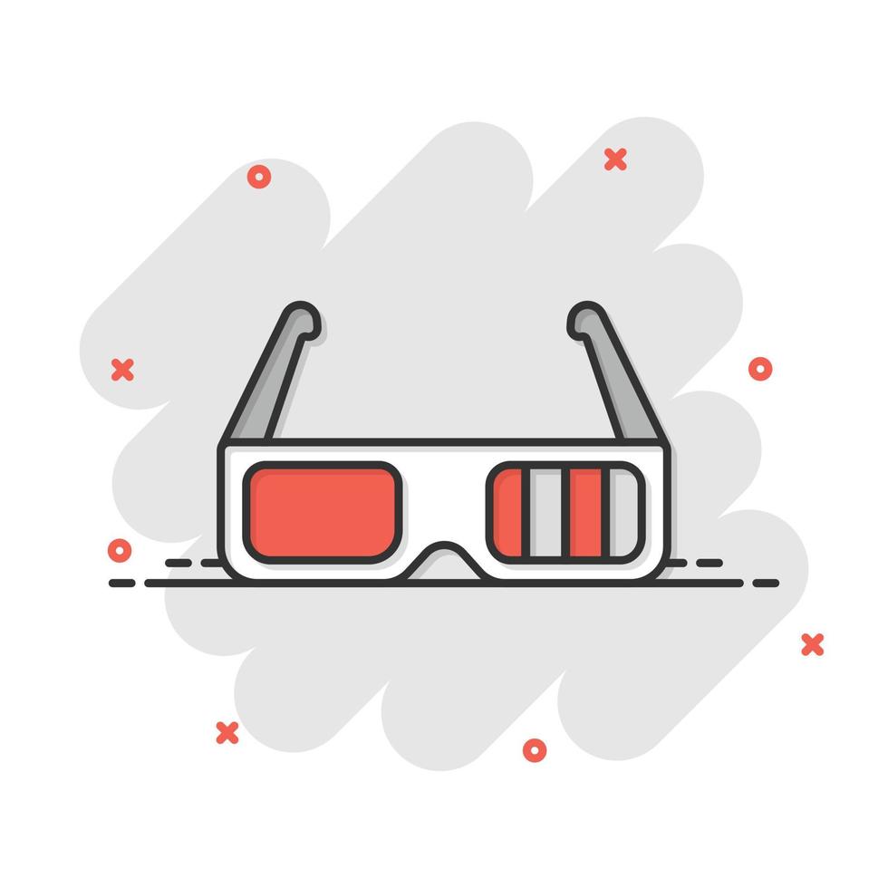 icono de película en estilo cómico. ilustración de vector de dibujos animados de película sobre fondo blanco aislado. Concepto de negocio de efecto de salpicadura de gafas 3d.