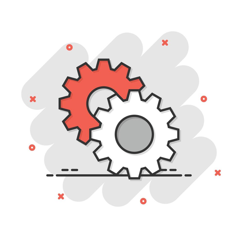 Gear vector icon in comic style. Cog wheel cartoon illustration on white isolated background. Gearwheel cogwheel splash effect business concept.