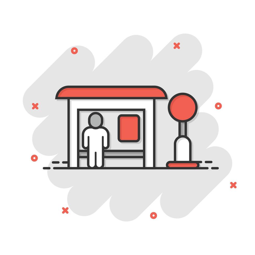 Bus station icon in comic style. Auto stop cartoon vector illustration on white isolated background. Autobus vehicle splash effect business concept.