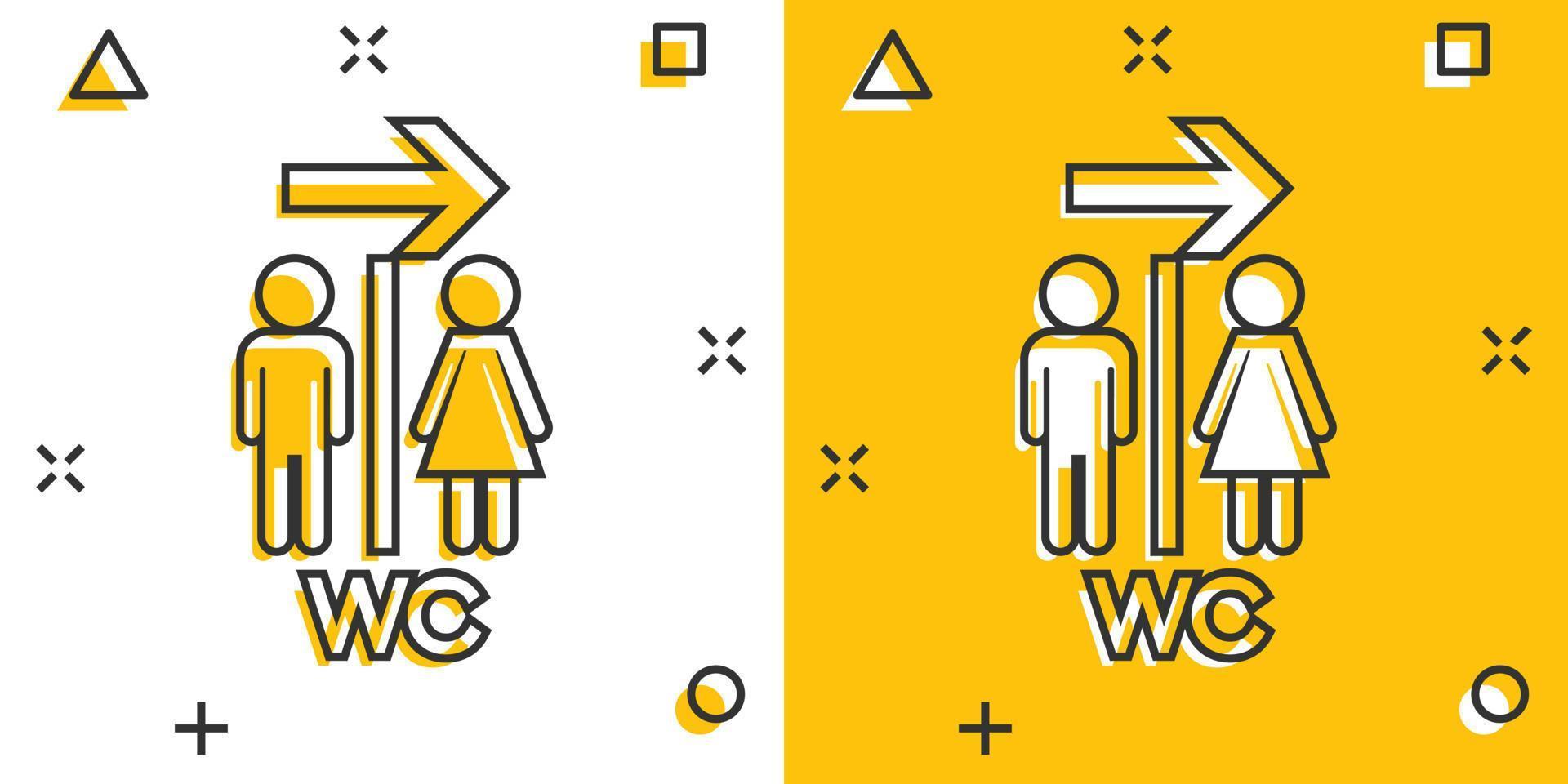 Vector cartoon WC, toilet icon in comic style. Men and women restroom sign illustration pictogram. WC business splash effect concept.