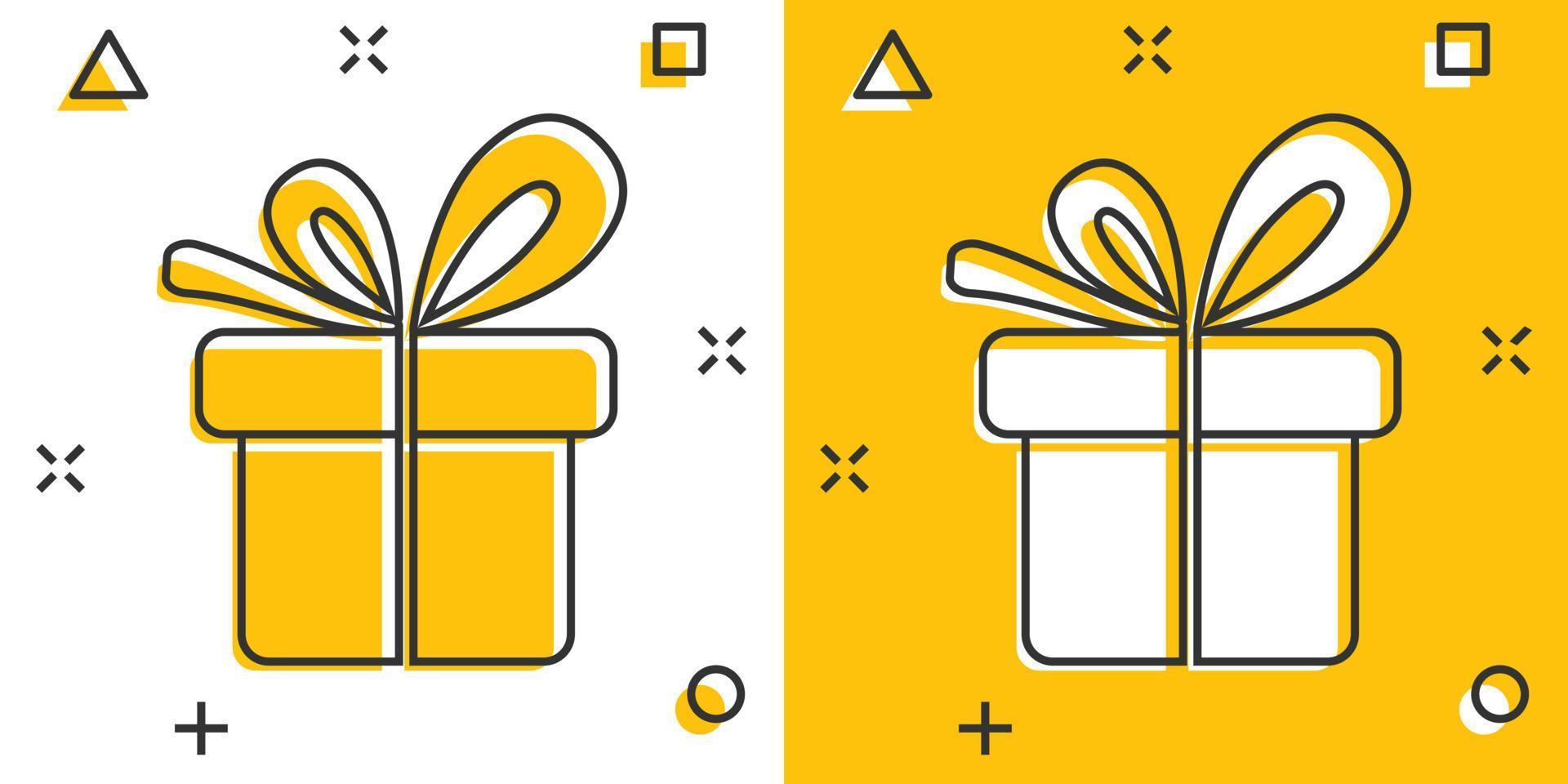Gift box icon in comic style. Present package vector cartoon illustration on white isolated background. Surprise business concept splash effect.
