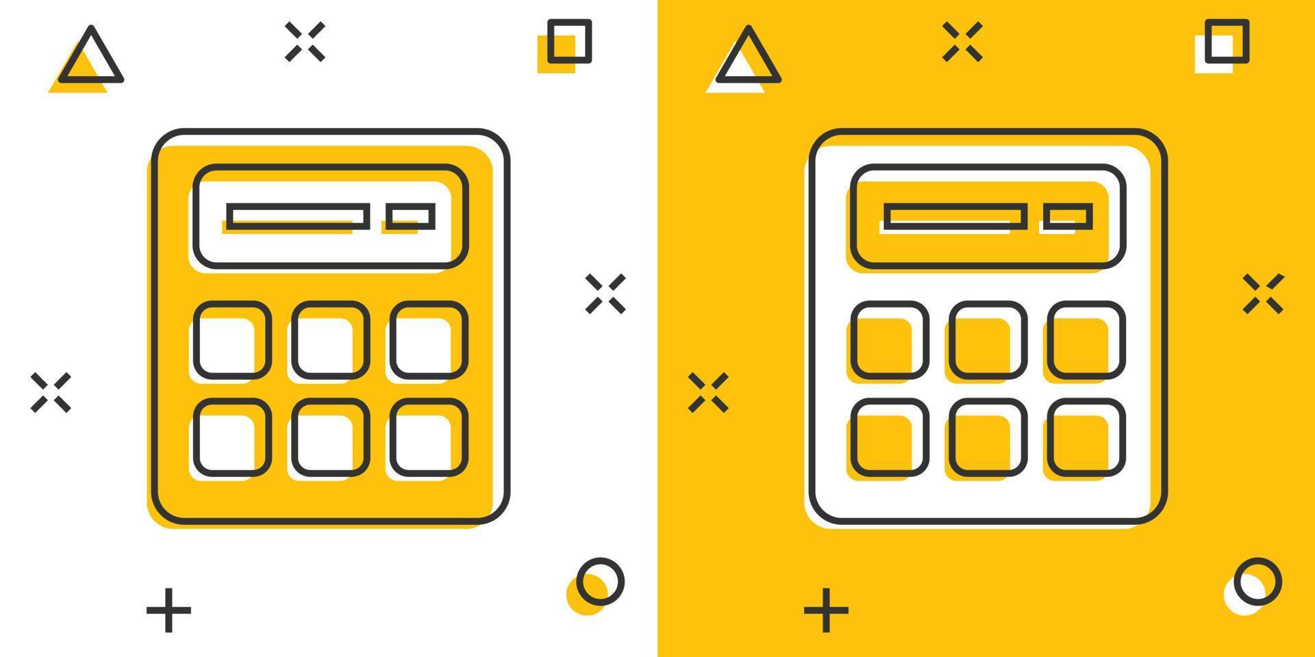 Calculator icon in comic style. Calculate cartoon vector illustration on white isolated background. Calculation splash effect business concept.