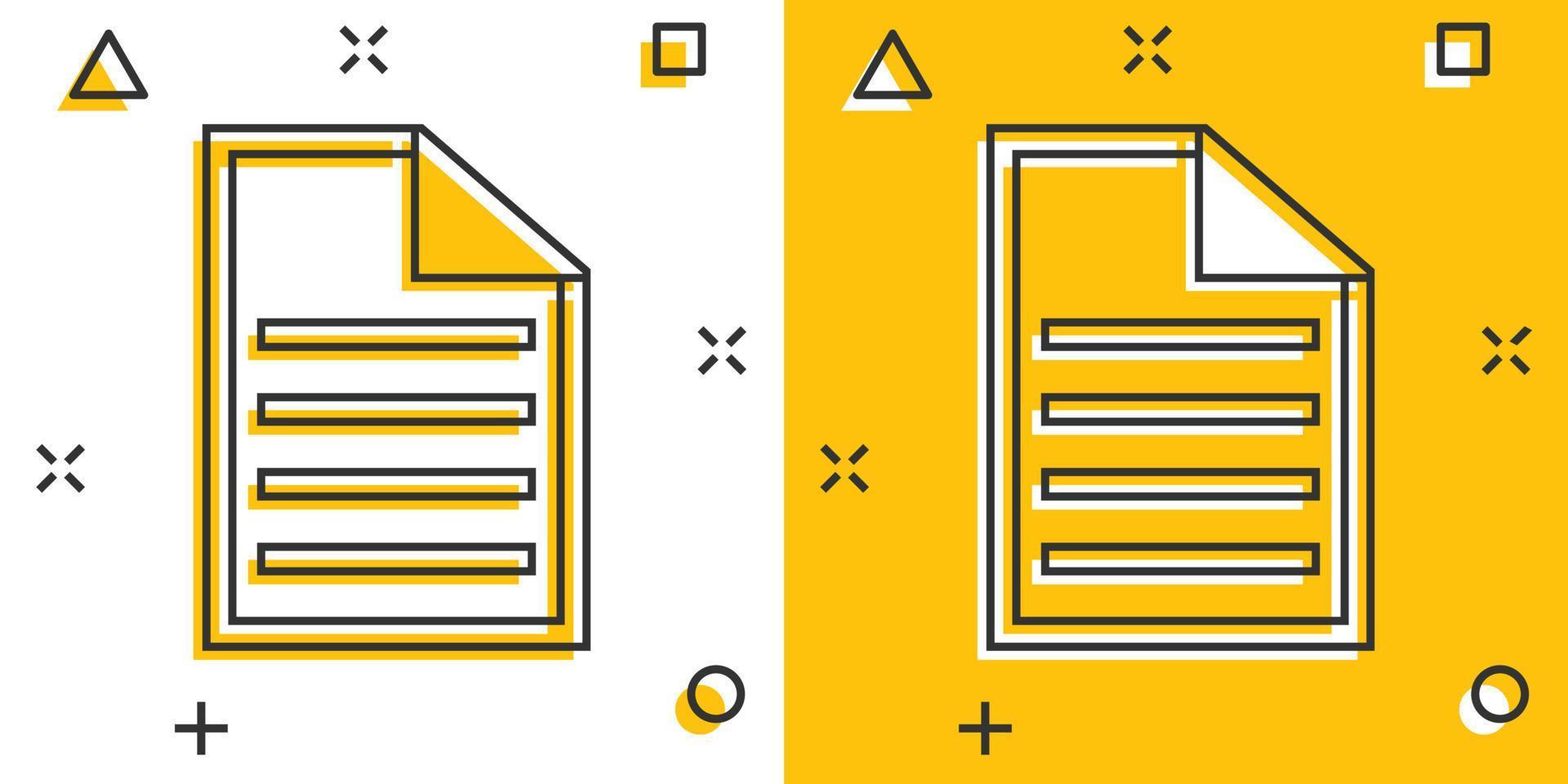 Vector cartoon document icon in comic style. Paper page sign illustration pictogram. Note business splash effect concept.