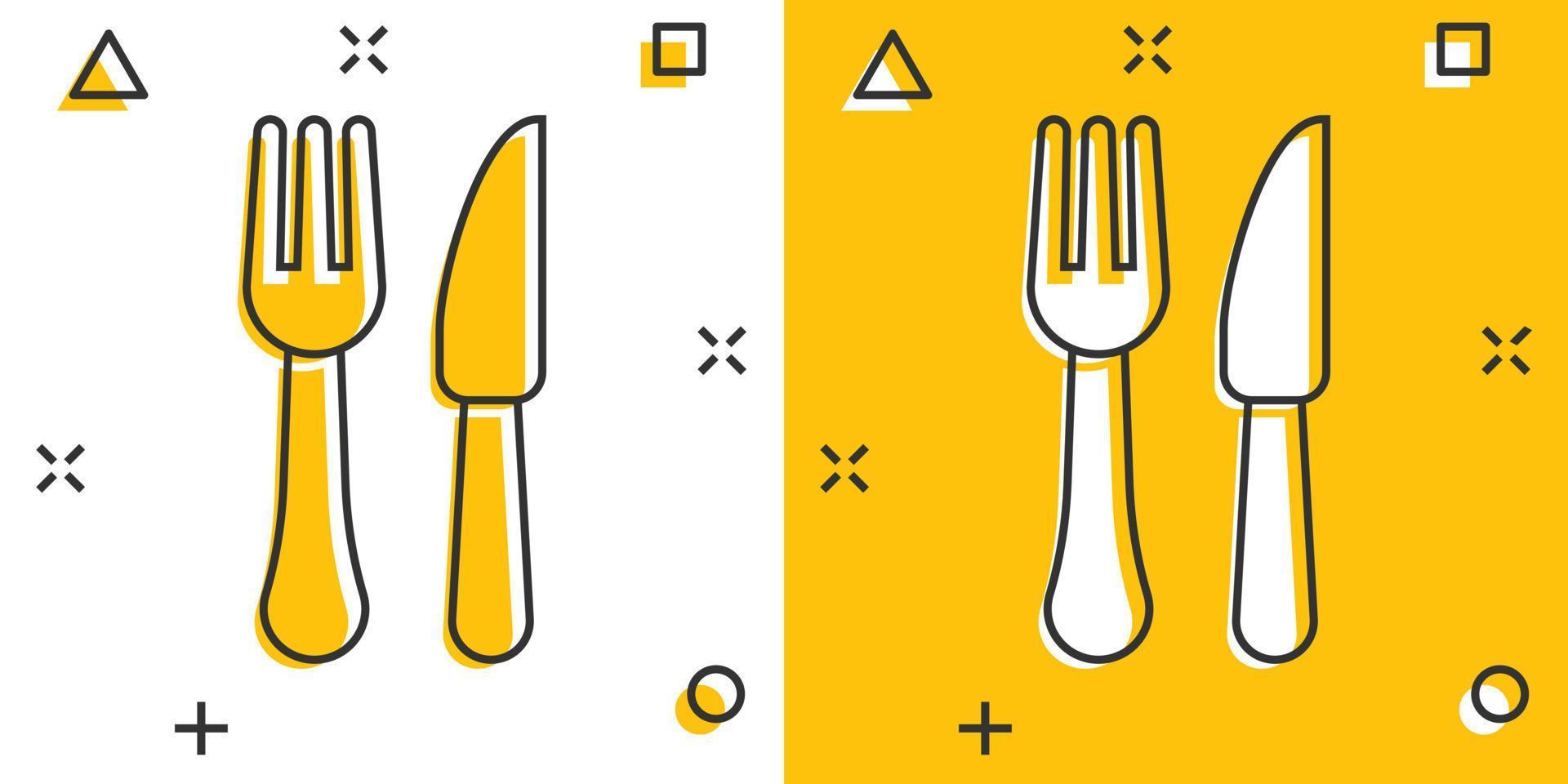 icono de restaurante de tenedor y cuchillo en estilo cómico. Pictograma de ilustración de dibujos animados de vector de equipo de cena. efecto de salpicadura de concepto de negocio de restaurante.