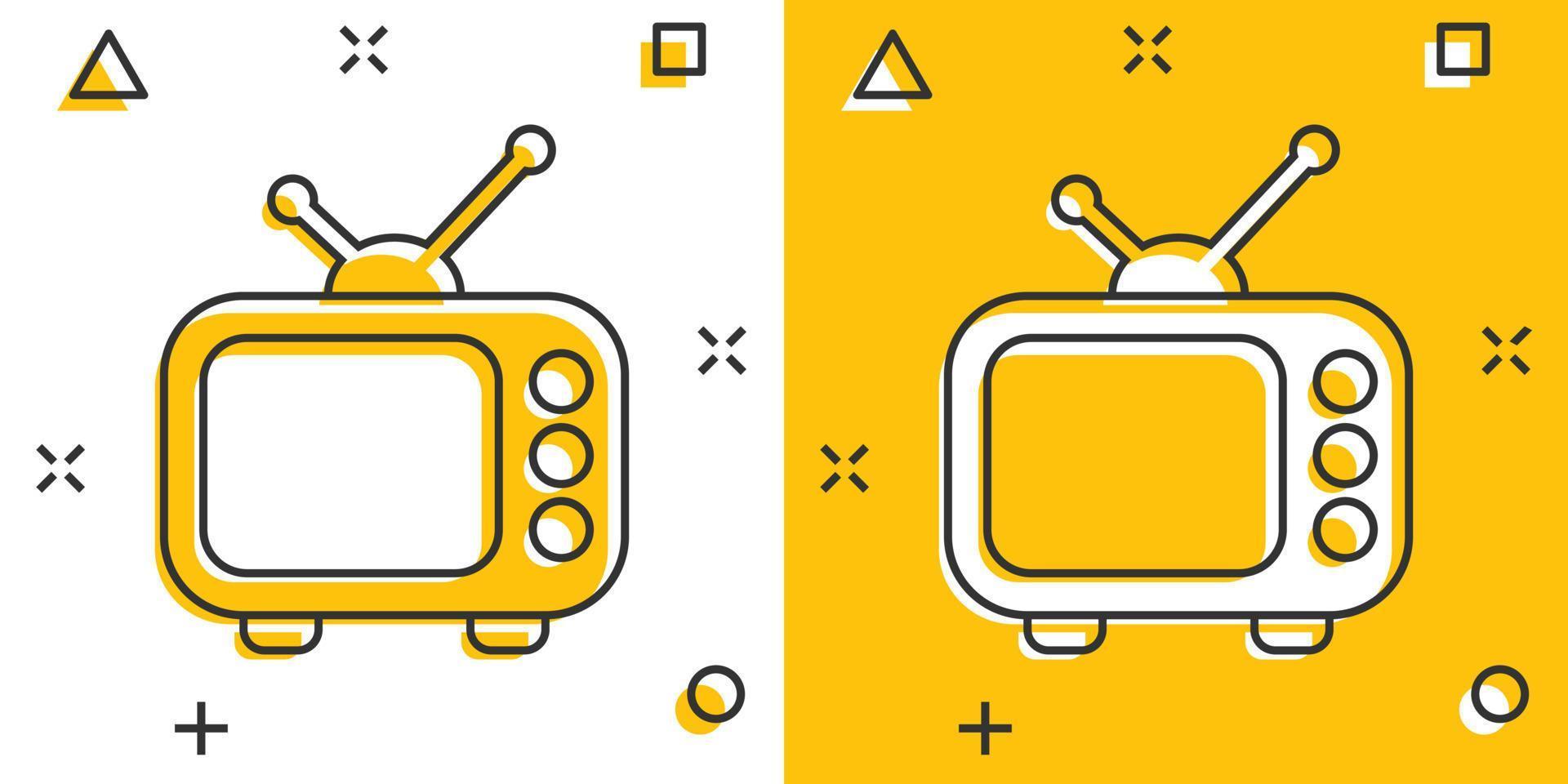 icono de monitor de televisión de dibujos animados vectoriales en estilo cómico. pictograma de ilustración de concepto de pantalla de tv. concepto de efecto de salpicadura de negocio de espectáculos de televisión. vector