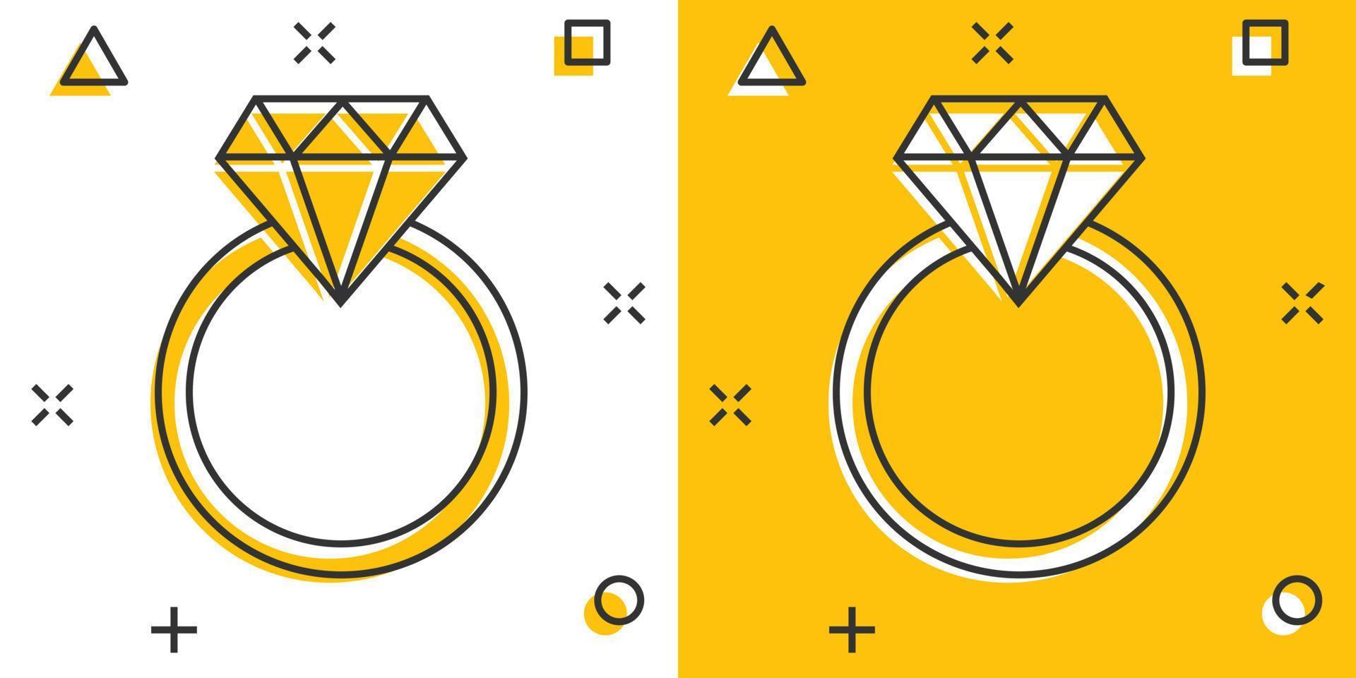 anillo de compromiso de dibujos animados vectoriales con icono de diamante en estilo cómico. pictograma de ilustración de anillo de joyería de boda. concepto de efecto de salpicadura de negocio de relación romántica. vector