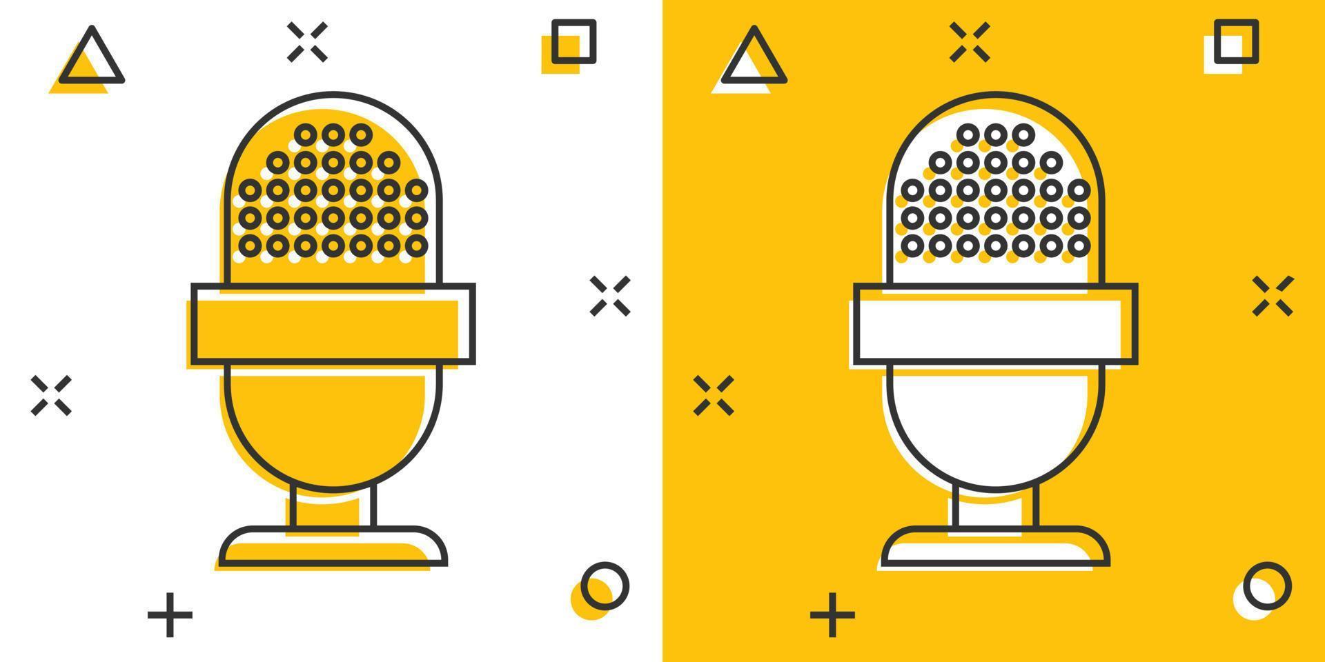 Microphone icon in comic style. Mic broadcast vector cartoon illustration pictogram. Microphone mike speech business concept splash effect.