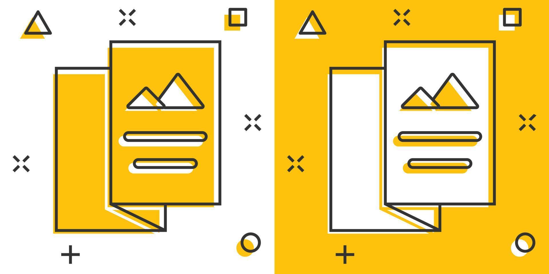Flyer leaflet icon in comic style. Brochure sheet vector cartoon illustration pictogram. Booklet flyer business concept splash effect.