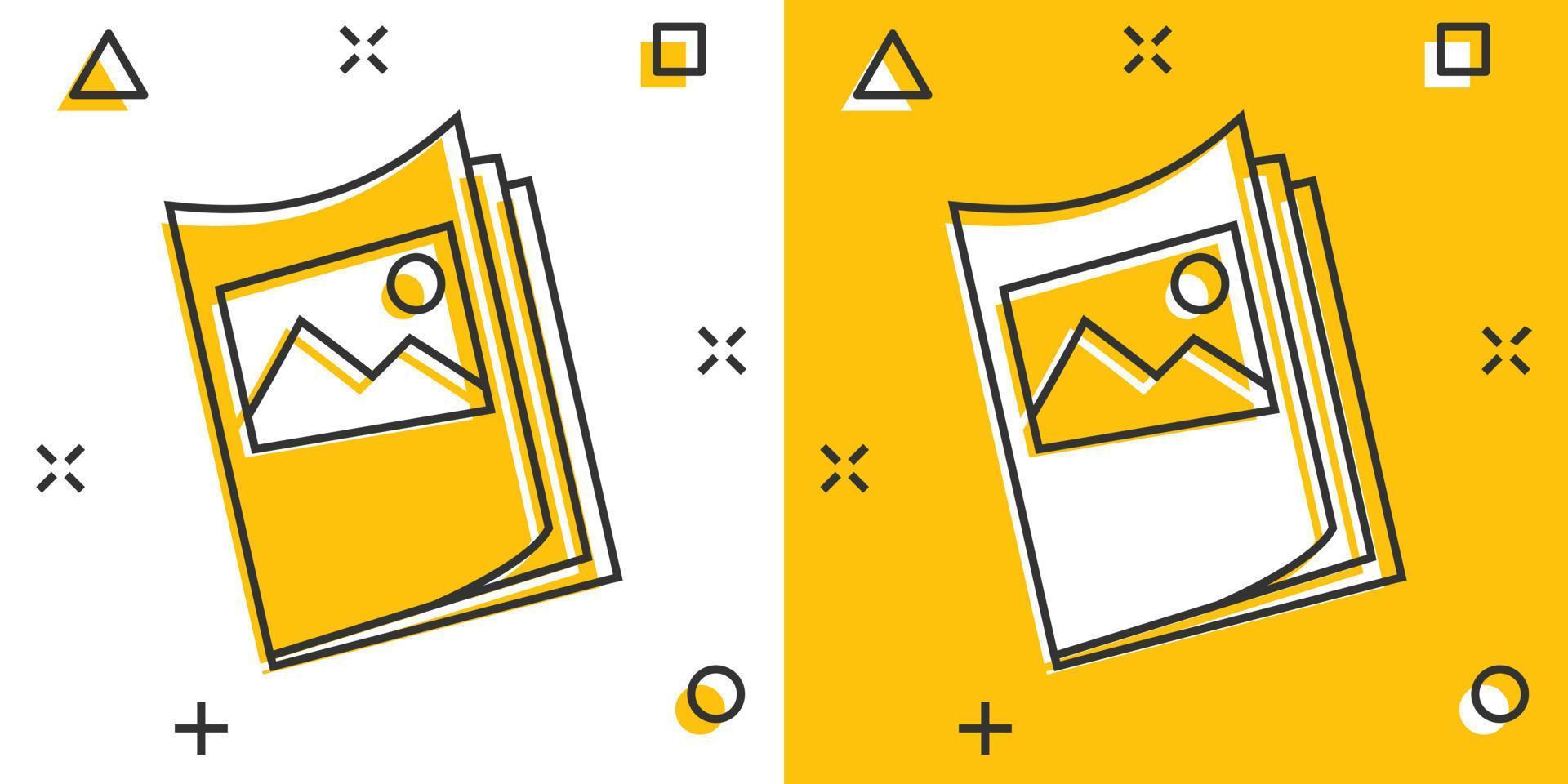 Flyer leaflet icon in comic style. Brochure sheet vector cartoon illustration pictogram. Booklet flyer business concept splash effect.