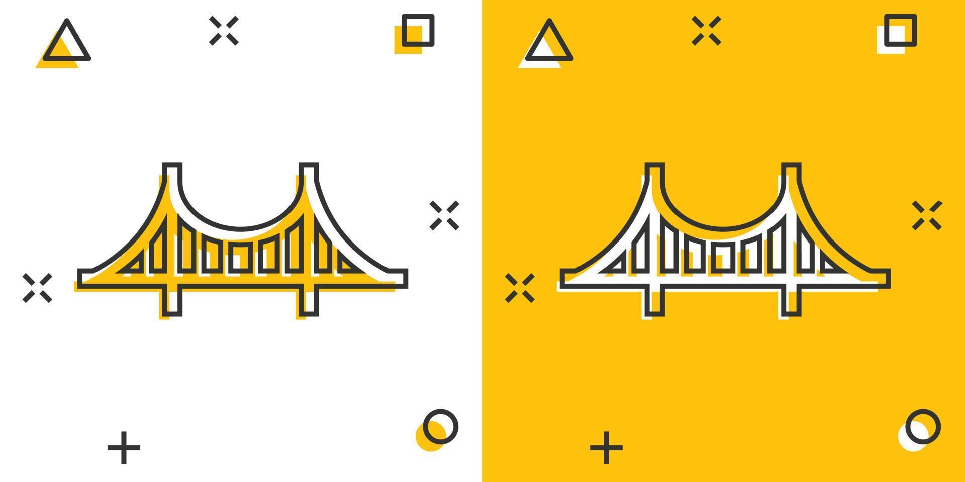 icono de signo de puente en estilo cómico. ilustración de dibujos animados de vector de puente levadizo sobre fondo blanco aislado. efecto de salpicadura de concepto de negocio de carretera.