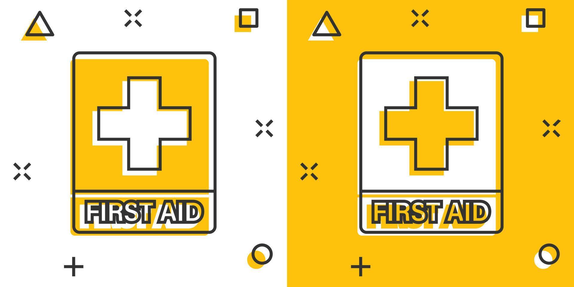 First aid sign icon in comic style. Health, help and medical vector cartoon illustration on white isolated background. Hospital business concept splash effect.