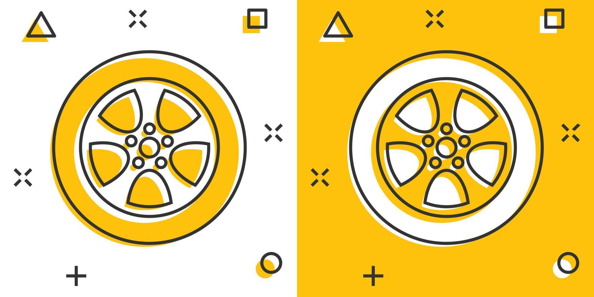 icono de rueda de coche en estilo cómico. ilustración de vector de dibujos animados de parte de vehículo sobre fondo blanco aislado. concepto de negocio de efecto de salpicadura de neumáticos.