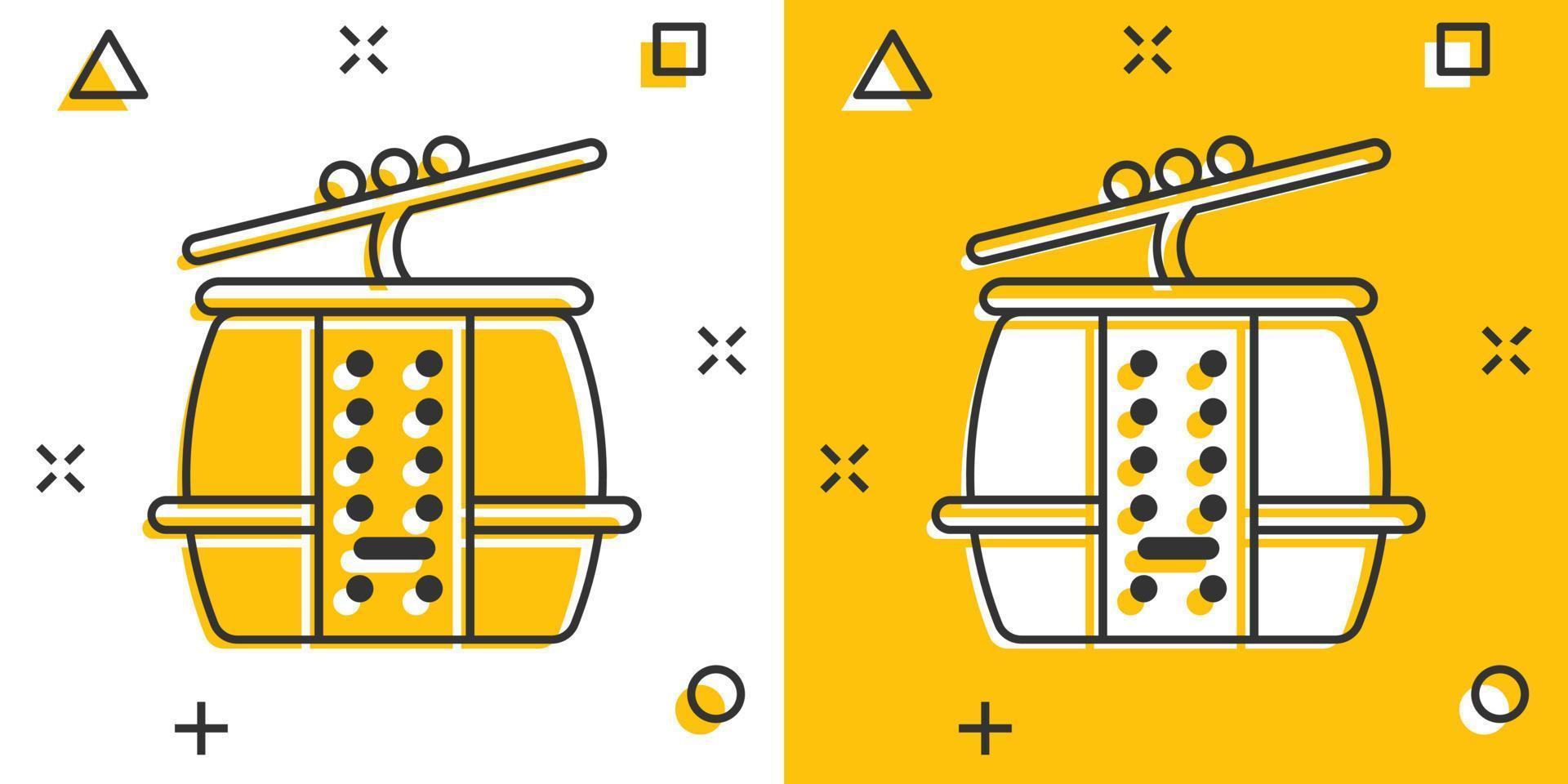 Cable car icon in comic style. Elevator cabin cartoon vector illustration on white isolated background. Cableway splash effect business concept.