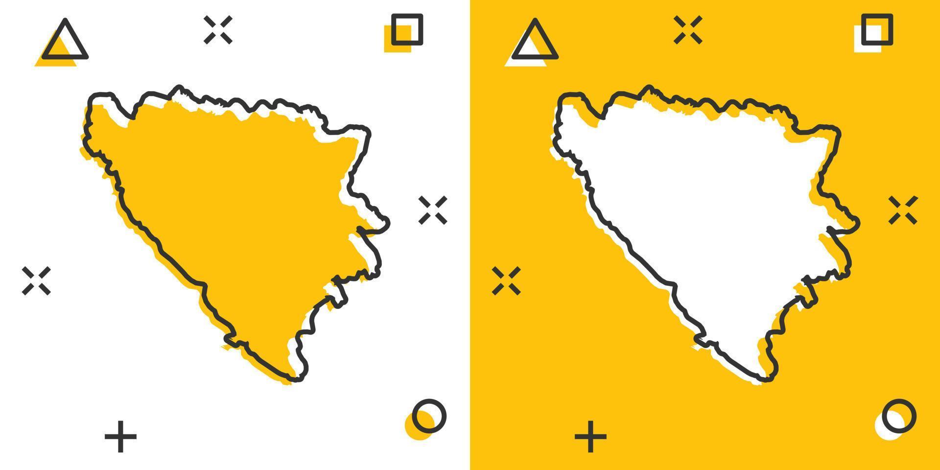 dibujos animados vectoriales bosnia y herzegovina icono de mapa en estilo cómico. pictograma de ilustración de signos de bosnia y herzegovina. concepto de efecto de salpicadura de negocio de mapa de cartografía. vector