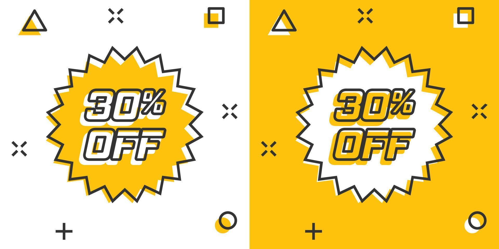 Vector cartoon discount sticker icon in comic style. Sale tag illustration pictogram. Promotion 30 percent discount splash effect concept.