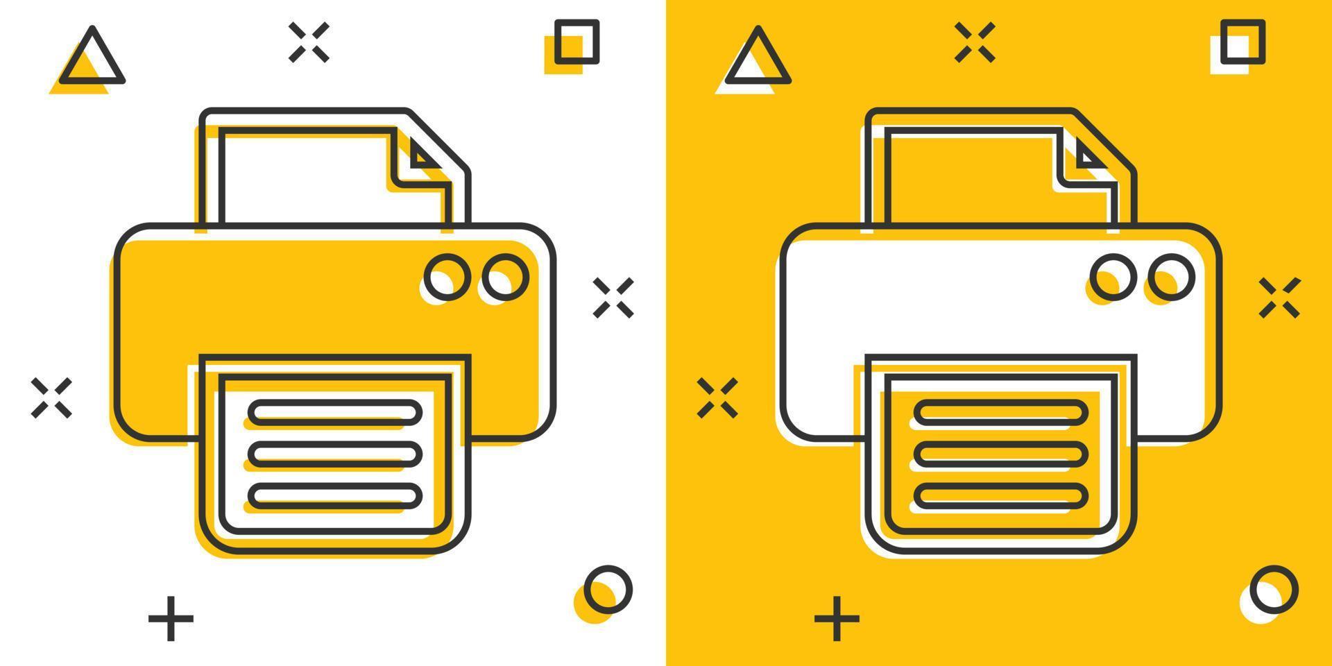 icono de impresora de dibujos animados vectoriales en estilo cómico. pictograma de ilustración de signo de impresión de documento. concepto de efecto de salpicadura de negocio de impresora. vector