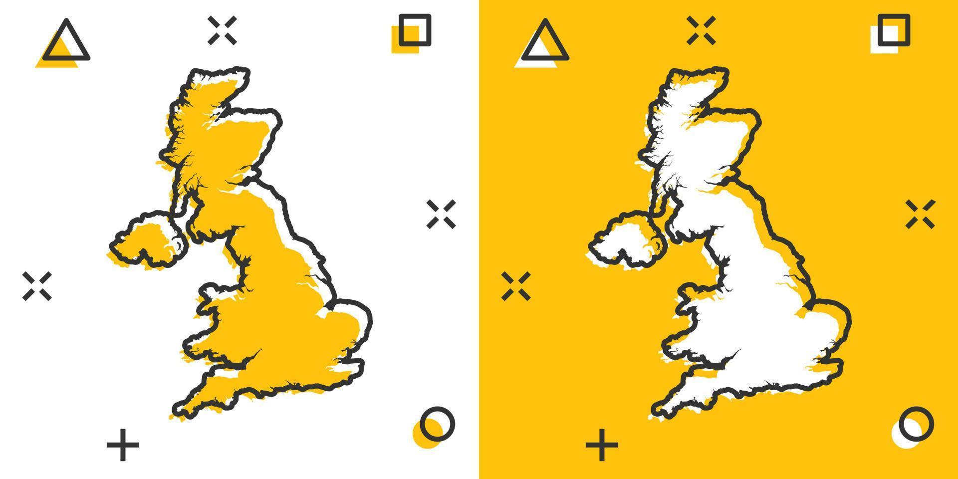 icono de mapa de Reino Unido de dibujos animados vectoriales en estilo cómico. pictograma de ilustración de signo de Reino Unido. concepto de efecto de salpicadura de negocio de mapa de cartografía. vector