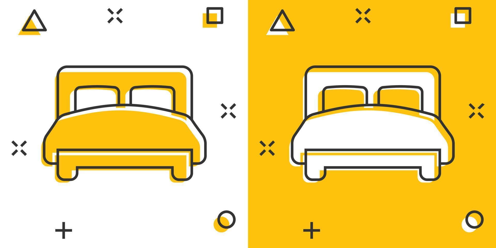 icono de cama en estilo cómico. dormitorio dibujos animados signo vector ilustración sobre fondo blanco aislado. concepto de negocio de efecto de salpicadura de armazón de cama.