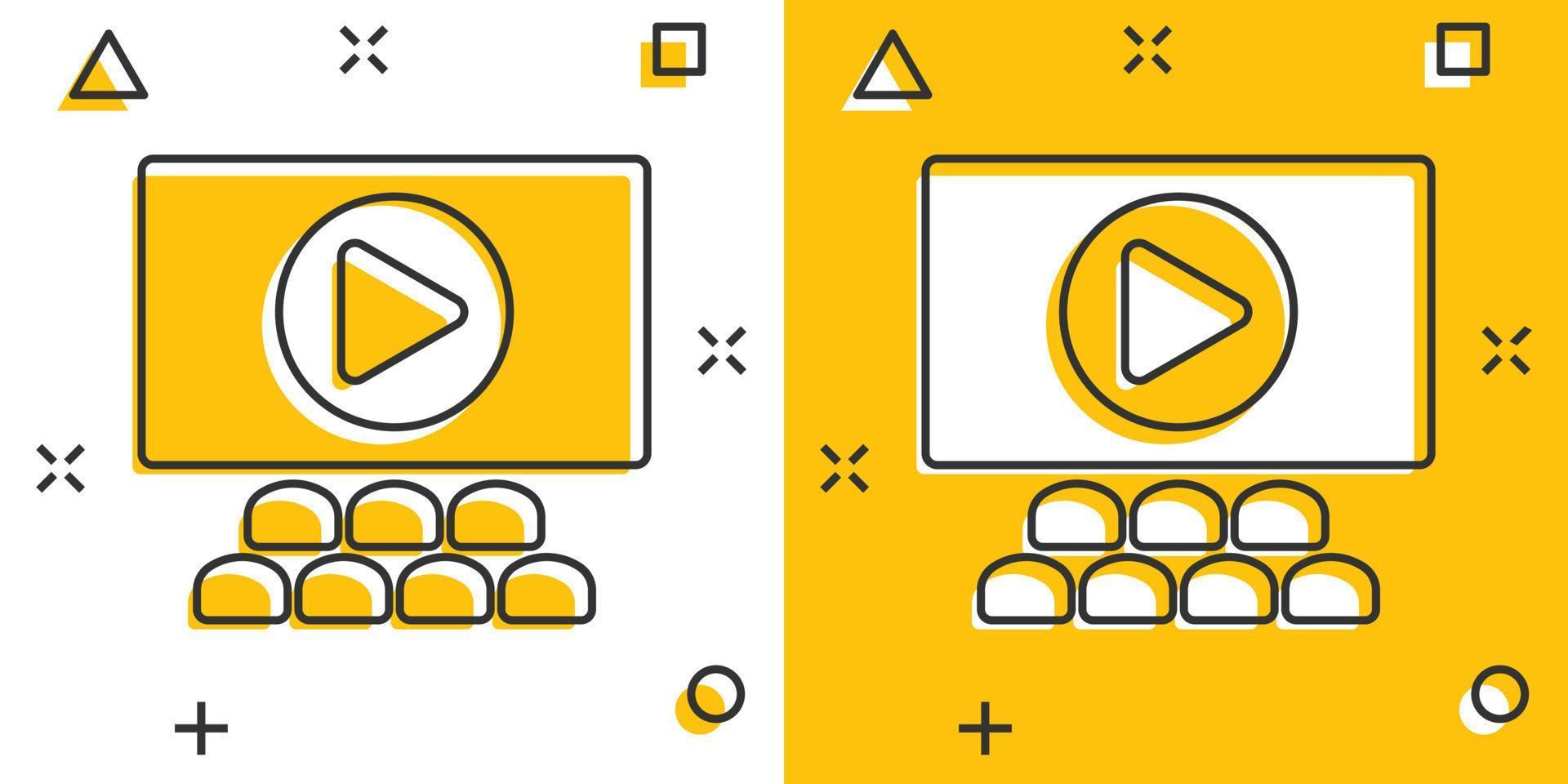 icono de película en estilo cómico. ilustración de vector de dibujos animados de película sobre fondo blanco aislado. concepto de negocio de efecto de salpicadura de cine.