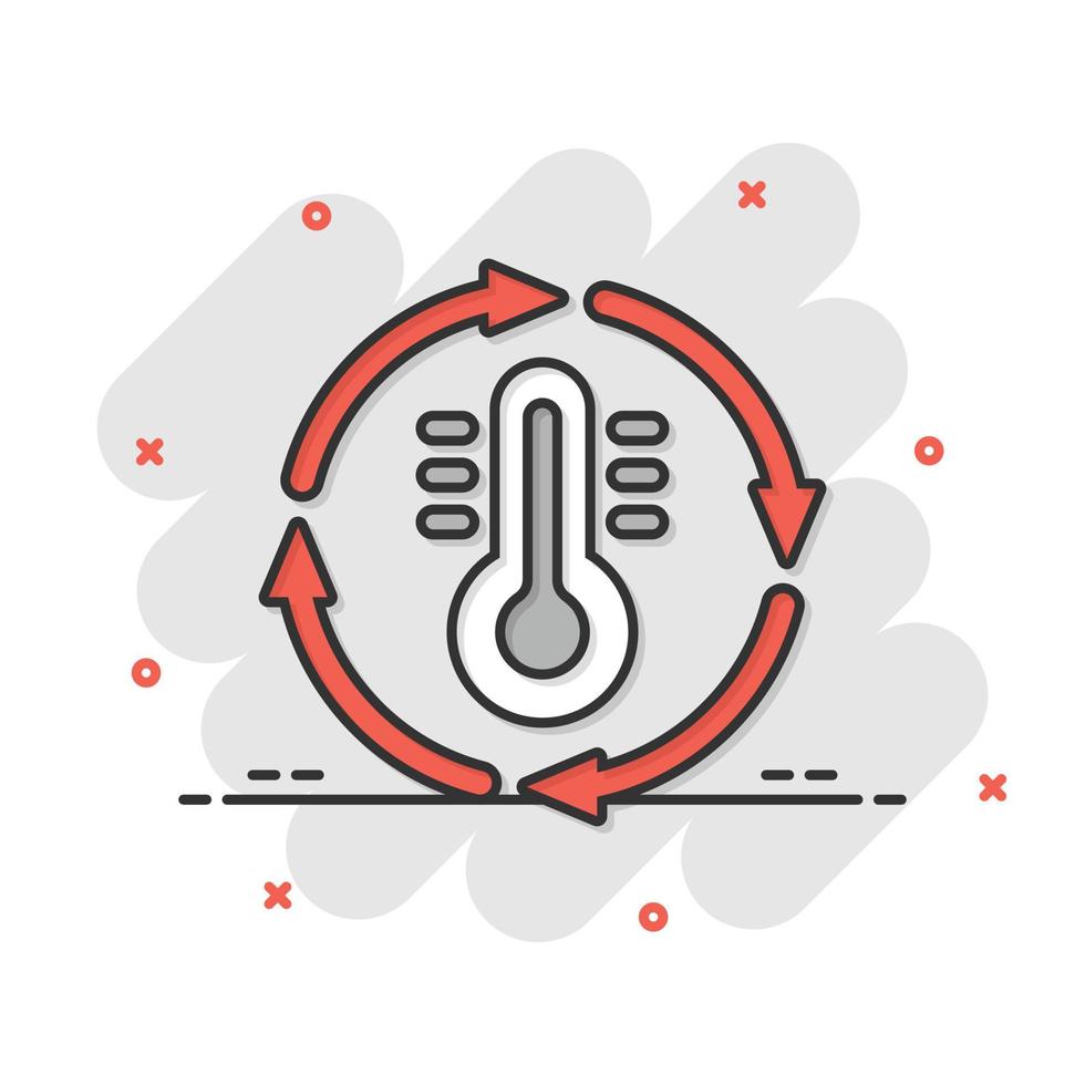 Thermometer climate control icon in comic style. Meteorology balance cartoon vector illustration on white isolated background. Hot, cold temperature splash effect business concept.