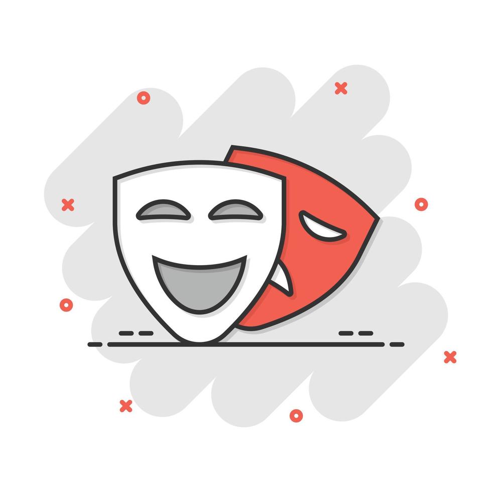 Theater mask icon in comic style. Comedy and tragedy cartoon vector illustration on white isolated background. Smile face splash effect business concept.