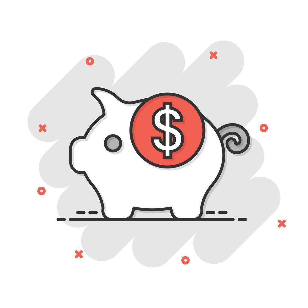 Money box icon in comic style. Pig container cartoon vector illustration on white isolated background. Piggy bank splash effect business concept.